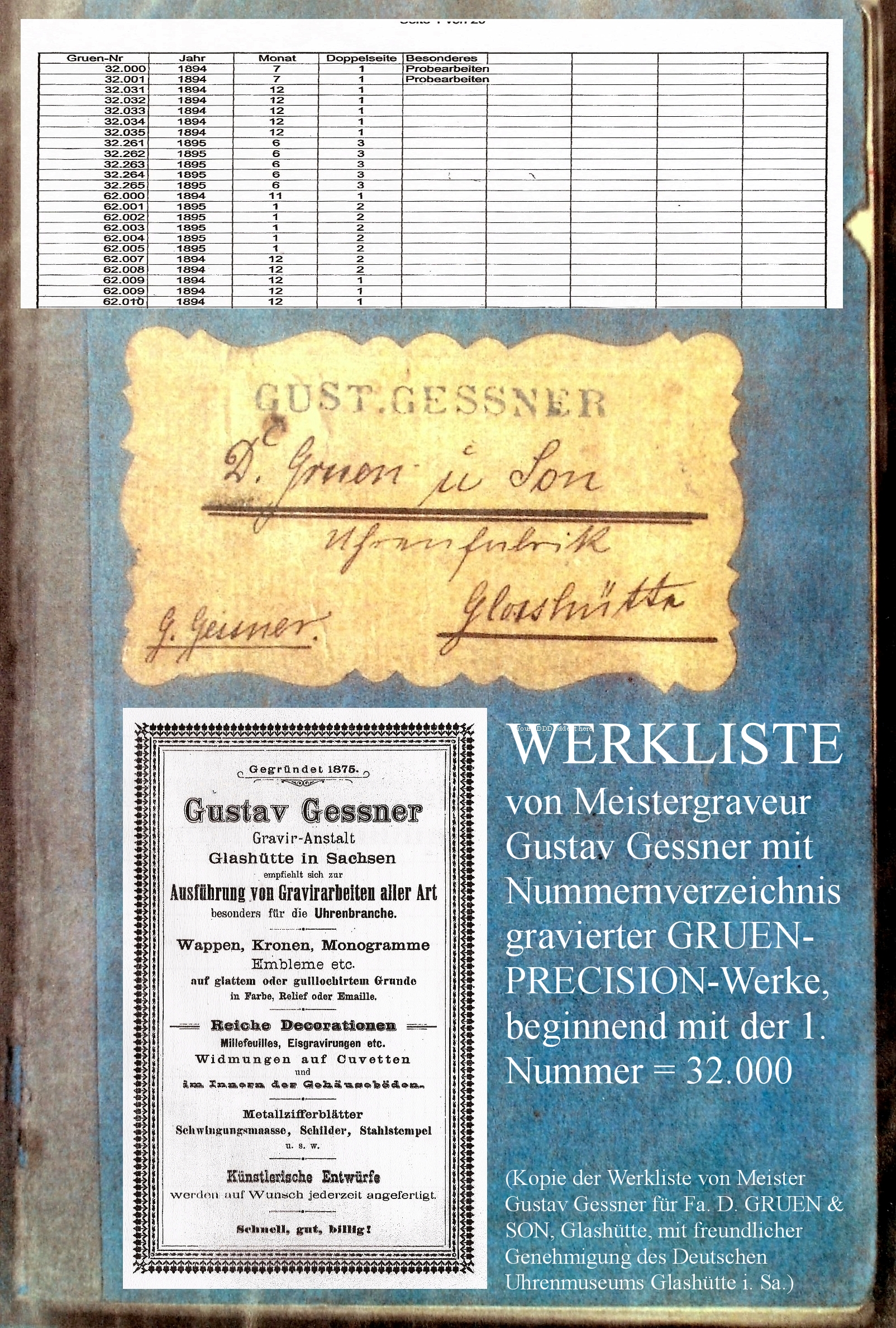 Photo/Collage oben : Gerhard Bechtoldt DGS Glashuette i. Sa. GmbH OBEN: Das nächste Werkbuch von Gustav Gessner für die später in D. GRUEN & SONS / D. GRUEN & SOEHNE umbenannte GRUEN-Uhrenfabrik in Glashütte ist nicht mehr verfügbar. Insofern fehlen die späteren D. GRUEN & SONS/SOEHNE -Nummernlisten aus der Bearbeitung im Hause von Meistergraveur Gustav Gessner. Werknummer und Datum der letzten GRUEN- PRECISION - Uhr aus Glashütte i. Sa. sind bishernicht exakt bestimmbar. Fachleute vermuten heute, dass die letzte Glashütter Werknummer im Bereich der 68.000er liegen dürfte. www.glashuetteuhren.de/die-uhrenfabriken/j-assmann-glashuette-i-sa-deutsche-anker-uhren-fabrik-1/gruenschen-uhrenfabrikation-gruen-und-assmann/ UNTEN: Werkfoto der weltweit jüngsten bisher dokumentierten GRUEN-Uhr aus Glashütte i. Sa. , mit Werknummer 68174 . Diese Uhr befindet sich ebenfalls in unserem Firmenmuseum. Es handelt sich um eine DGS- Extra-Precison -Uhr in 1-A-Qualität, mit 21 Steinen und besonderem Zifferblatt. Im Unterschied zu früheren Werken sind u. a. Moustache-Anker und Ankerrad aus Stahl gefertigt, die Chaton-Schrauben radial gesetzt und die Feinregulierung modifiziert.