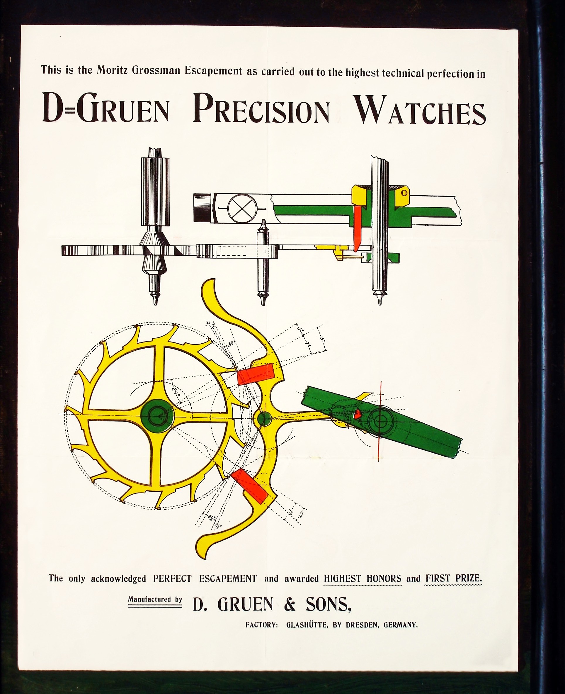 Photo oben : Thorsten Bechtoldt DGS Glashuette i. Sa. GmbH : GRUEN-Precision-Hemmung Schautafel für DGS-US-Konzessionäre um 1900 OBEN: MORITZ - GROSSMANN - "Perfect-Escapement" fuer GRUEN-PRECISON - Uhren von D. GRUEN & SONS in Glahütte i. Sa.