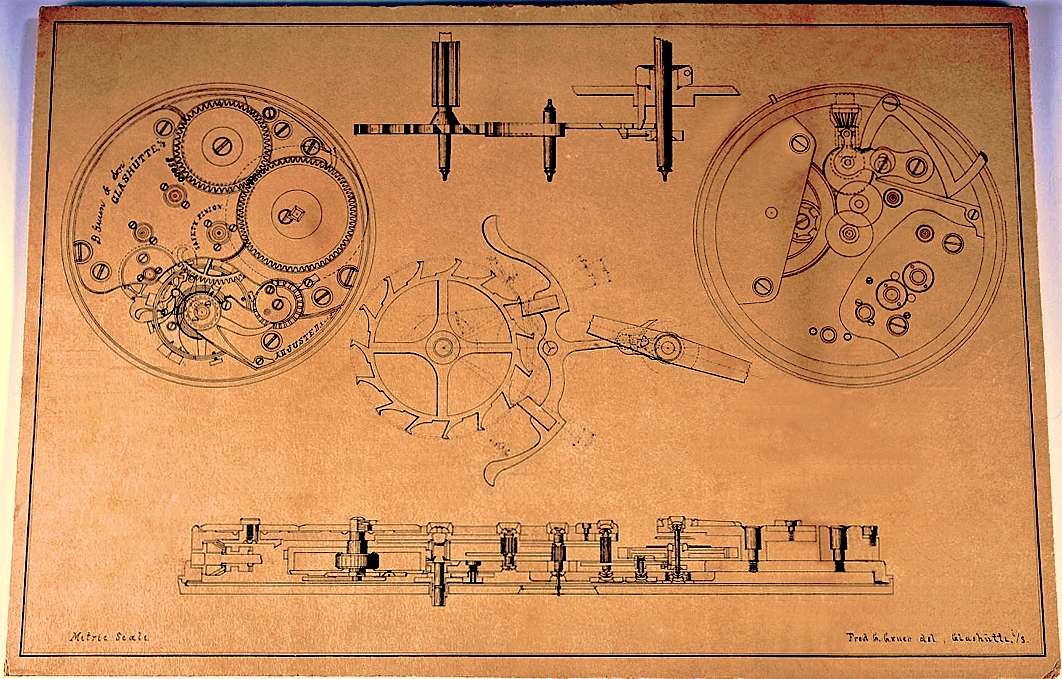 OBEN: `Original-Arbeitsskizze von FRED GRUEN aus der Deutschen Uhrmacherschule in Glashütte i.Sa., für die weltweit erste GRUEN-UHR mit der Firmenbezeichnung D. GRUEN & SON im Jahr 1894. Ursprünglich hat FRED GRUEN dazu Werknummern ab 35.000 vorgesehen, später hat man, in Zusammenarbeit mit Fa. Julius Assmann , erste Prototypen mit Werknummer um 32.000 gebaut, und für die anschliessende Serienfertigung der D. GRUEN & SON - Uhren in Glashütte i. Sa. neue Werknummern ab 62.000 verwendet. - Siehe Nummernliste unten der damaligen Gravieranstalt Gustav Gessner in Glashütte i. Sa., archiviert im Deutschen Uhrenmuseum Glashütte i. Sa.