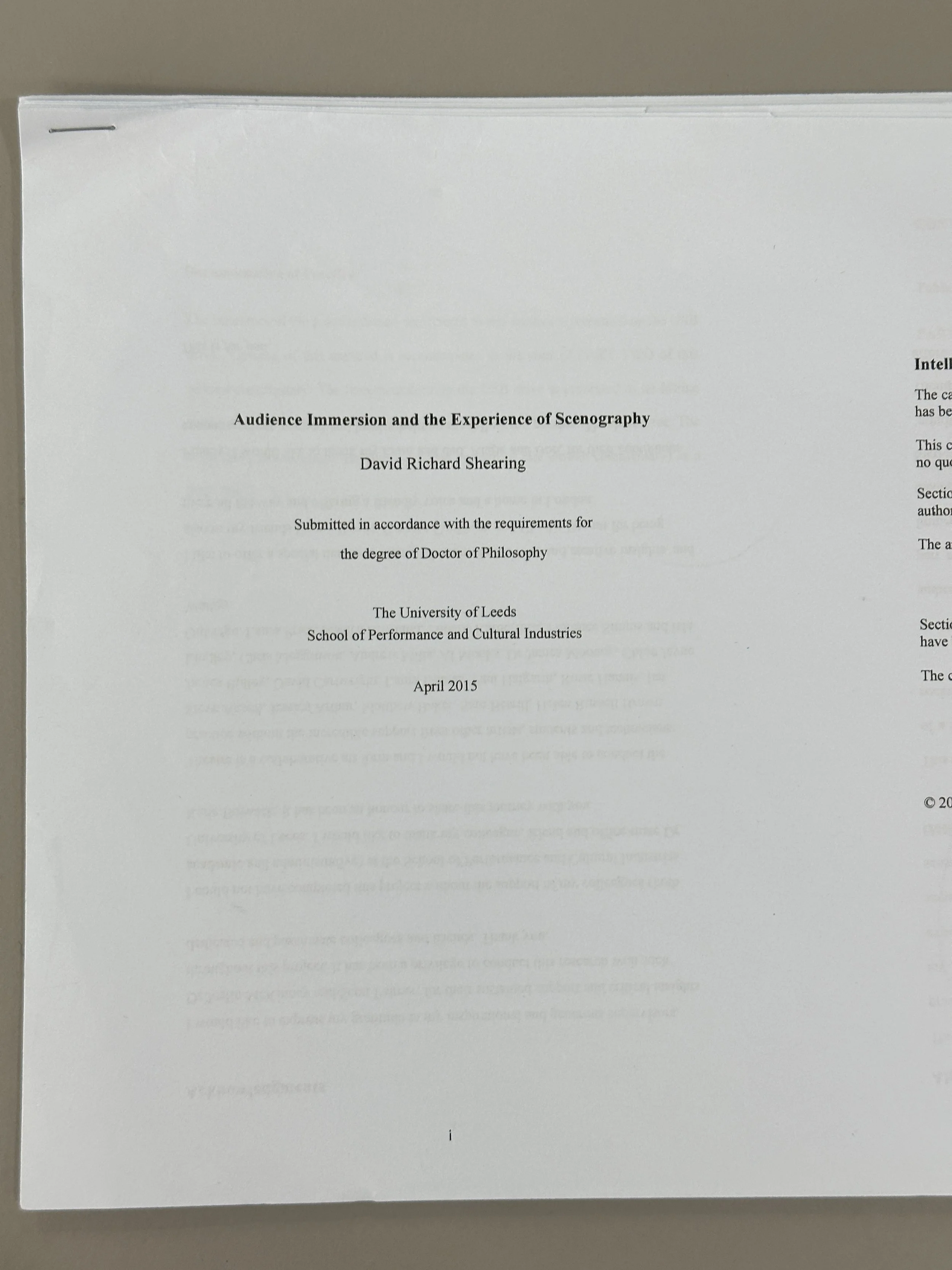 Audience Immersion and the Experience of Scenography by David Shearing