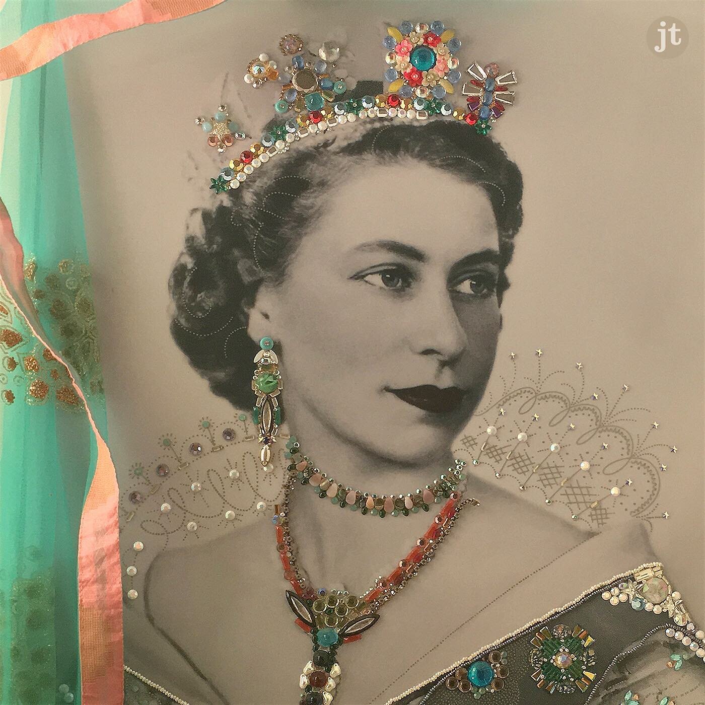 A toast to The Queen on her Platinum Jubilee! 

(Dorothy Wilding portrait 1952. Encrusted with bling by my sister and me during summer vacation 2015.)