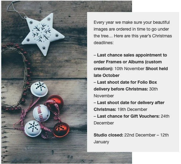 CHRISTMAS IS COMING!!!⁠
⁠
Every year we make sure your beautiful images are ordered in time to go under the tree&hellip; Here are this year&rsquo;s Christmas deadlines:⁠
⁠
&ndash; Last chance sales appointment to order Frames or Albums (custom creati