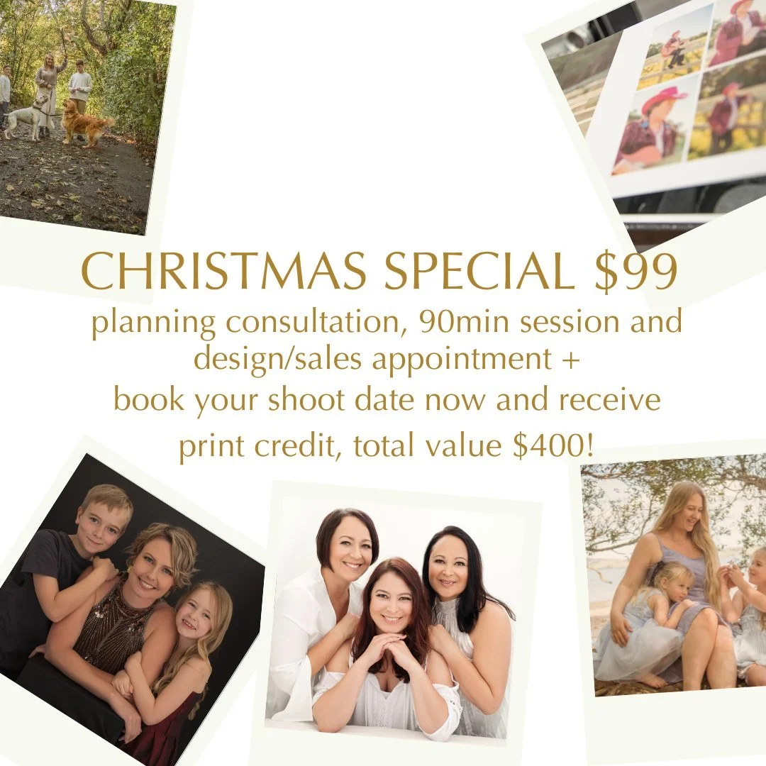 CHRISTMAS IS 2 MONTHS AWAY!
Christmas Special - $99
Your experience includes:
Personalised planning consultation
In-studio or on location photo shoot lasting up to 2hrs
Private design & viewing appointment
Option to upgrade to professional hair