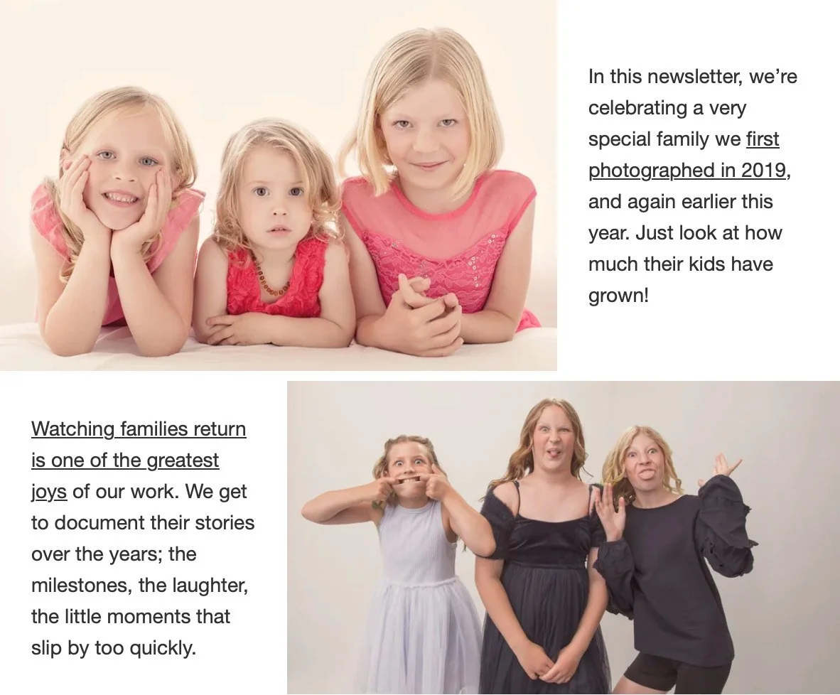 LIFETIME STORIES

If you&rsquo;ve loved your first session with us, imagine what a second, or third, could capture. To celebrate families returning to document their stories, we offer a special thank-you discount on products for repeat visits:

10% o