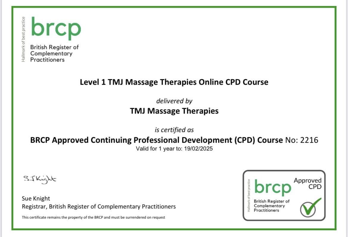I am super excited to announce that the Level 1 TMJ Massage Therapies&reg;️ Online CPD Course is NOW approved by the British Register of Complementary Practitioners here in UK 🙌🏻.

The quality, credibility and professionalism of TMJ Massage Therapi