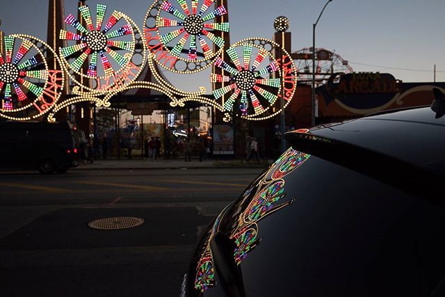 Reflections on a car, Coney Island amusment park