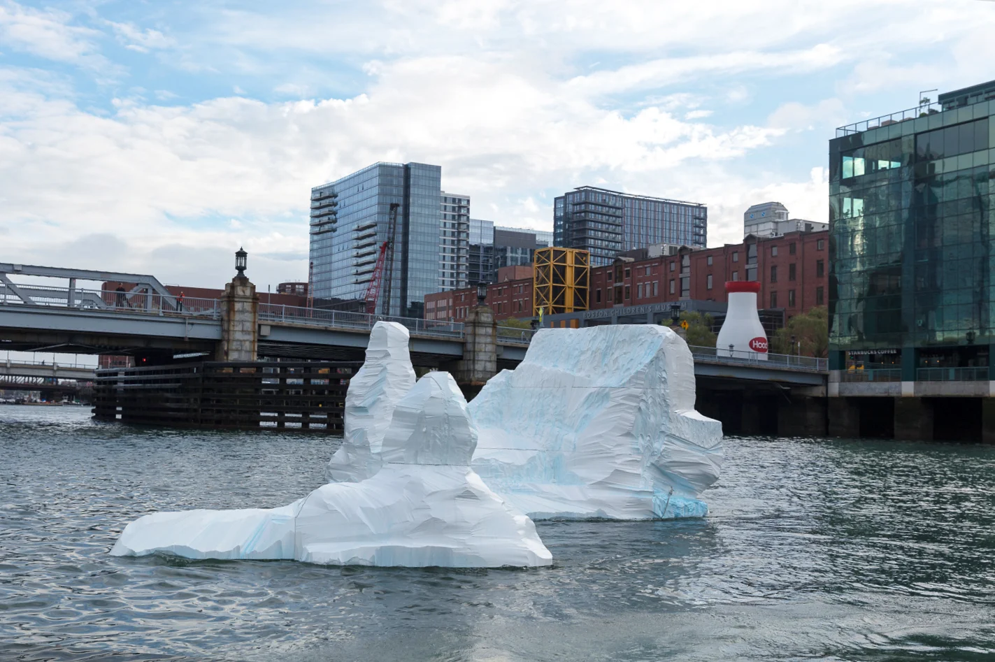   Iceberg,  Gianna Stewart  Materials: EPS foam, boat resin, uv pigment, pvc, marine hardware  Scale: approximately 17’ x 13’ x 9’ and 15’ x 5’ x 5’ 