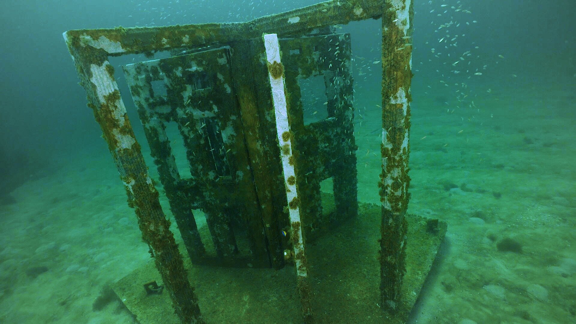  The work may conjure up images of Atlantis, or a flooded city. A door is out of place in an environment of boundless space, unbound by walls or imposing architecture. This series of doors, of decisions submerges among marine life that may wander abo