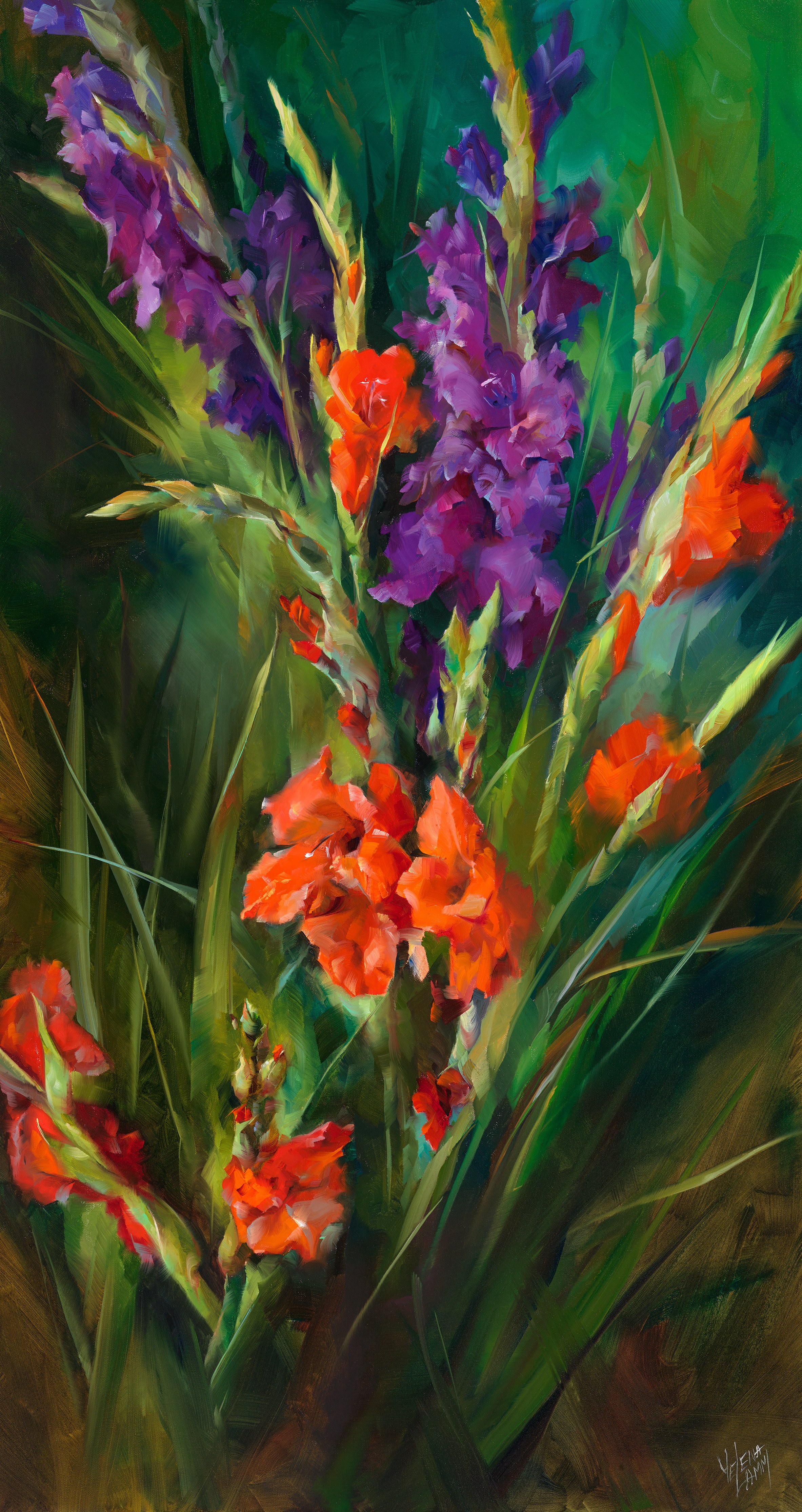   Red Glads  56” x 30” oil   Available through    Reinert Fine Art Gallery   