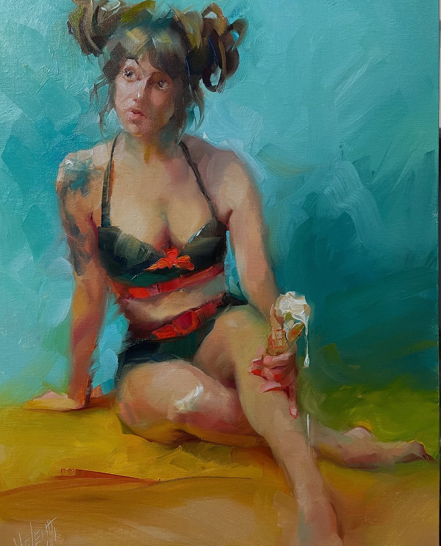 A little #pinup here to celebrate #summertime &mdash; fun life session past Sunday with dear friends and our beautiful model @penny.lane.dreadful who always makes it so much fun. &ldquo;Melting&rdquo; 16&rdquo;x12&rdquo; oil #oilpaintersofamerica #pi