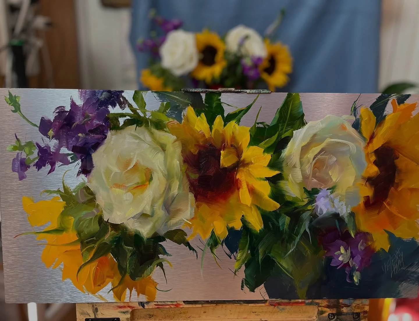 New 10&rdquo;x20&rdquo; oil in aluminum
#oilpainting #floralart #flowerpainting #sunflowerart #rosepainting #stilllifeart #alla prima #impastoart #sunflowersandroses #originaloilpainting #oilpaintingonmetal #paletteknifepainting #floralartist #finear