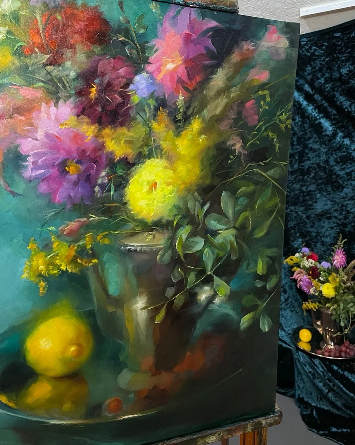 Getting closer with this one, 24&rdquo;x18&rdquo; #dahliaseason #floralartist #oilpainting