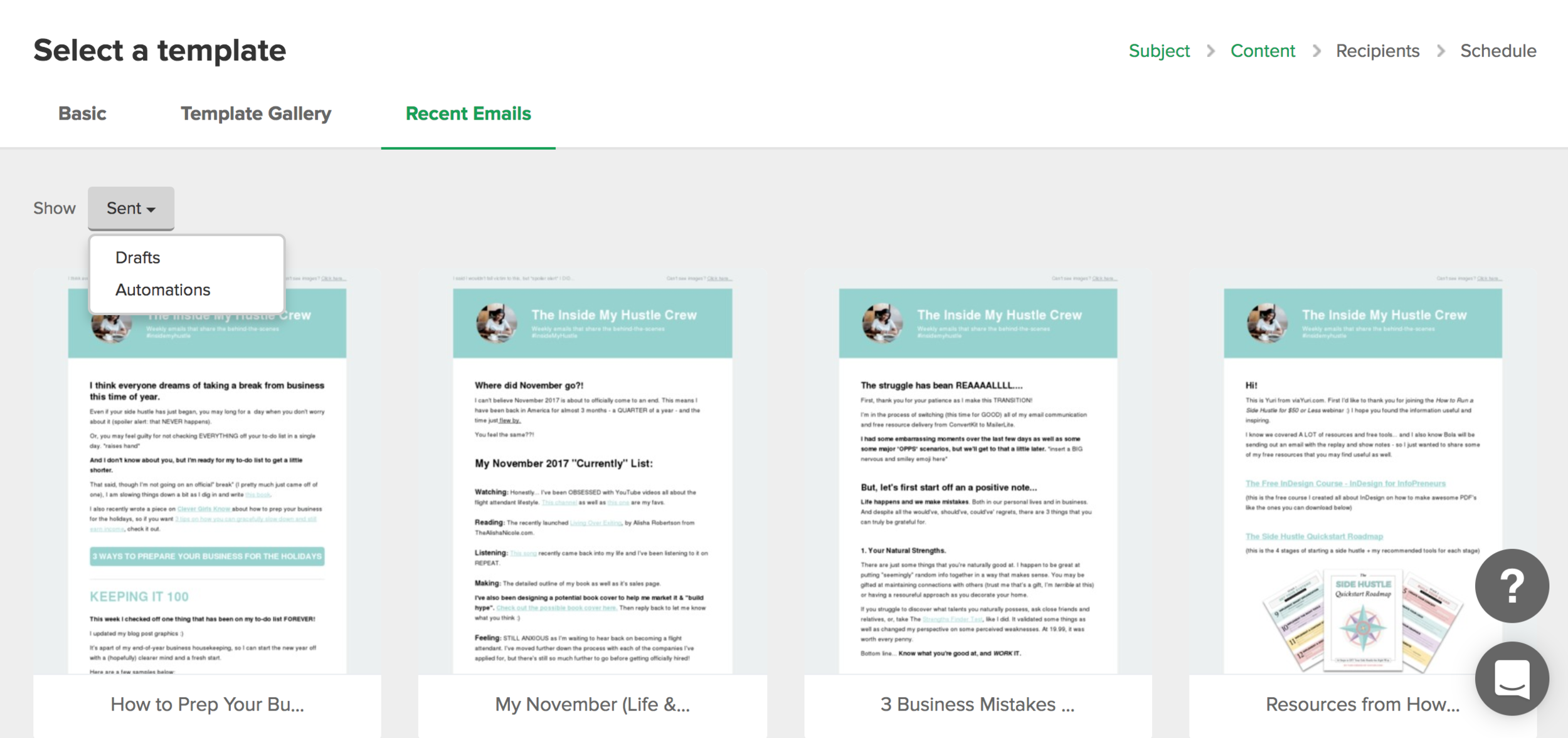 MailerLite Reivew - Recent Email Templates.png