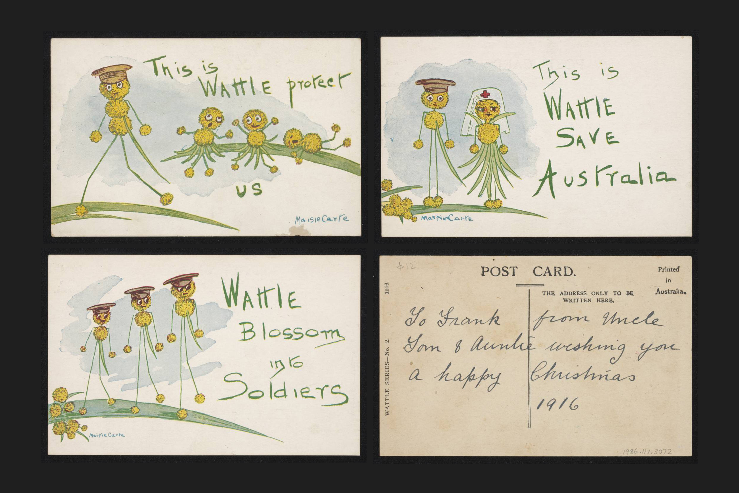   A postcard series featuring wattle soldiers,&nbsp;by Maise Carte, 1916. Image courtesy of the National Museum of Australia  