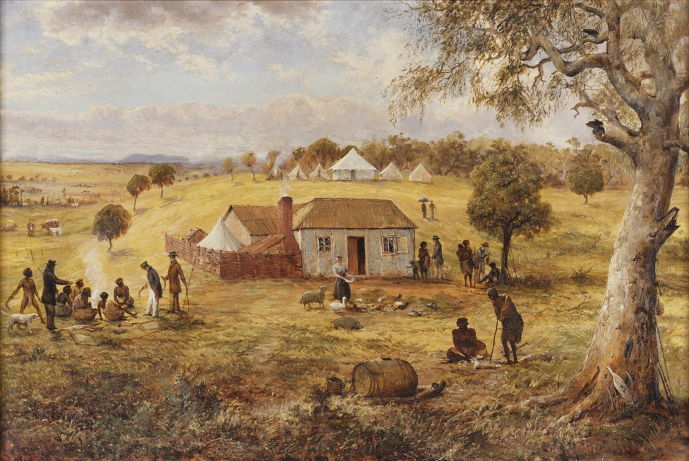 Government Residence, Melbourne 1837. Depicts a wattle and daub hut in the centre of the work. Artist Joseph Anderson Panton. Image courtesy State Library Victoria .