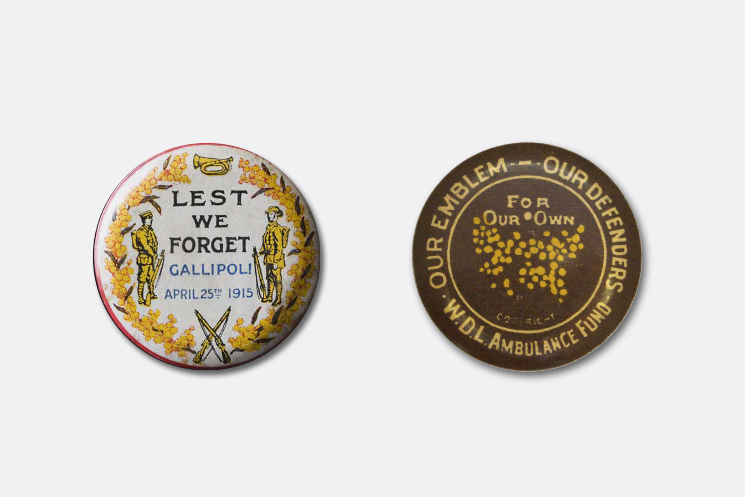  Badges featuring the wattle (1914-1919). Images courtesy of the National Museum of Australia. 