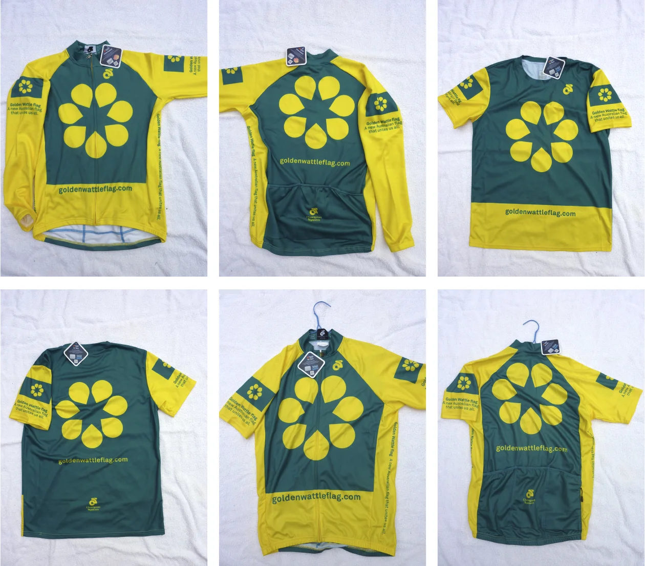 Cycling jerseys made by a supporter in Canberra.