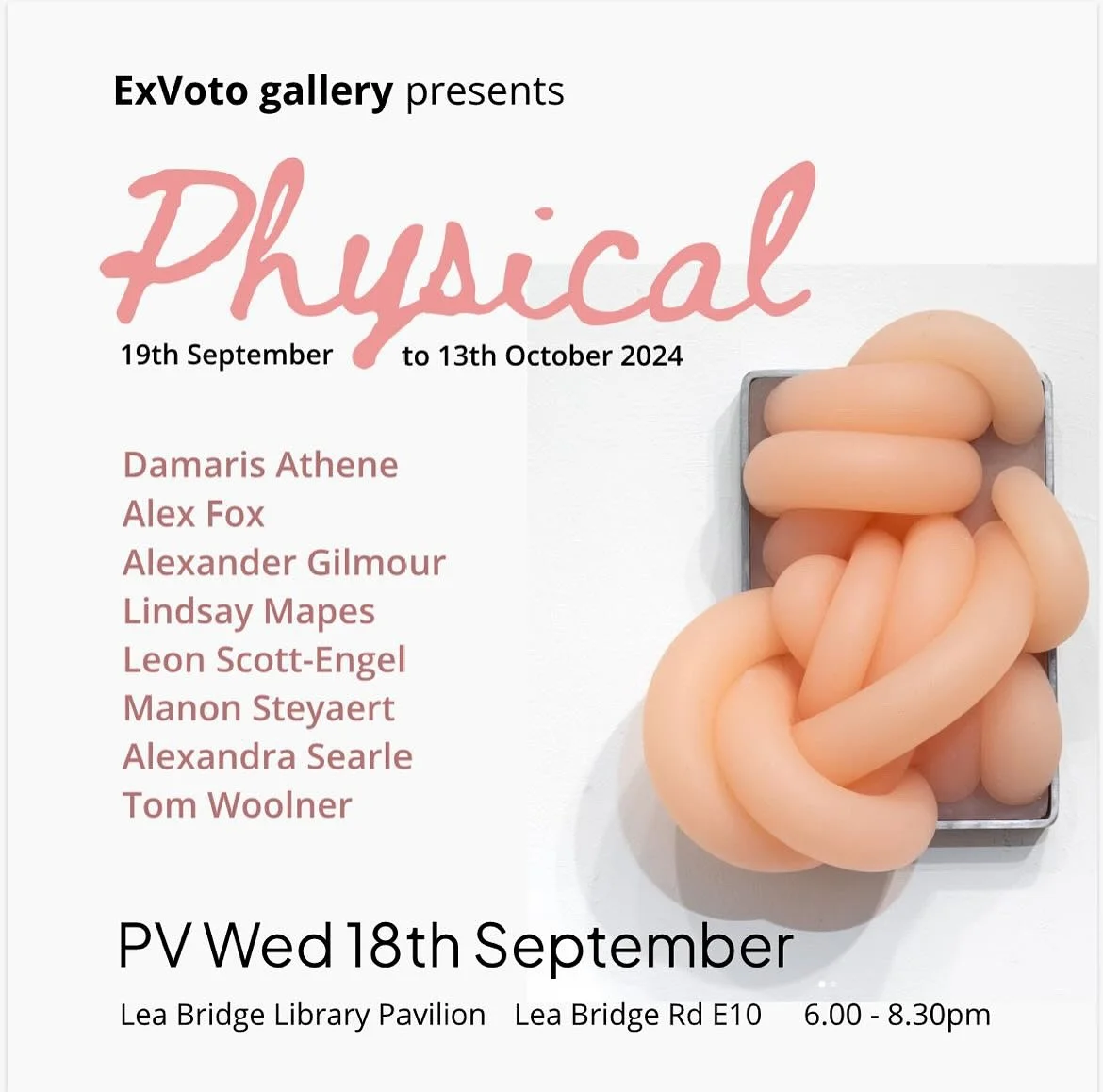 I’m delighted to be exhibiting a new piece in ‘Physical’, a group show presented by ExVoto Gallery @exvotogallery at Lea Bridge Library Pavilion. 
.
‘Physical’ brings together eight artists whose practices include wall-b