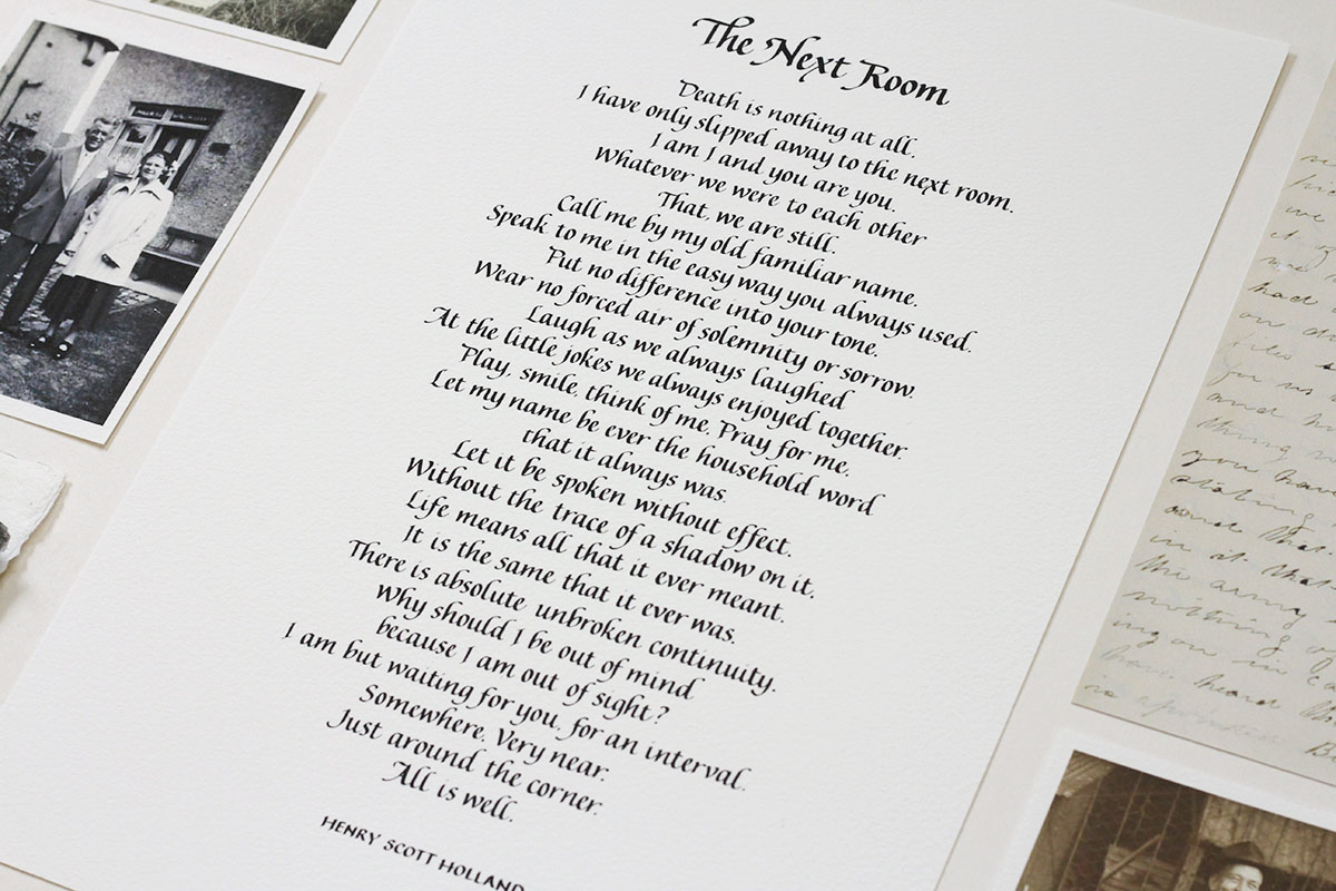 The Next Room - a funeral poem written in calligraphy