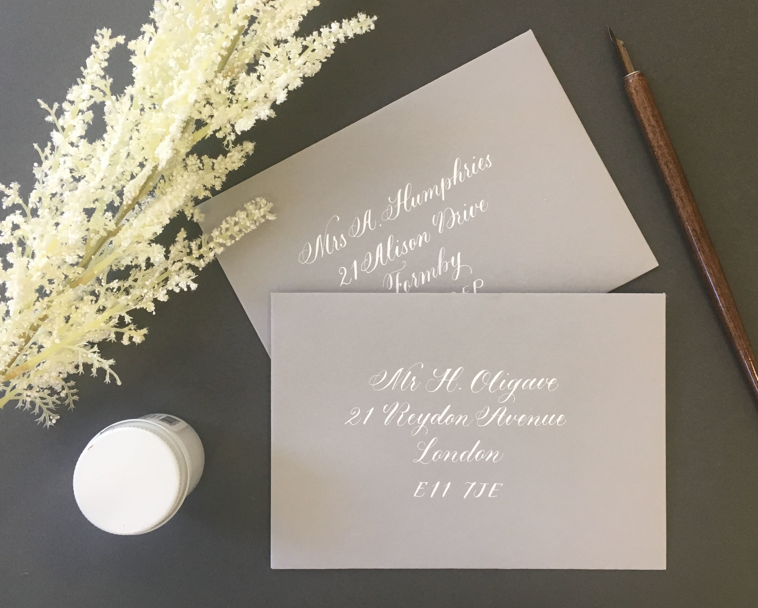 Copperplate calligraphy on envelopes