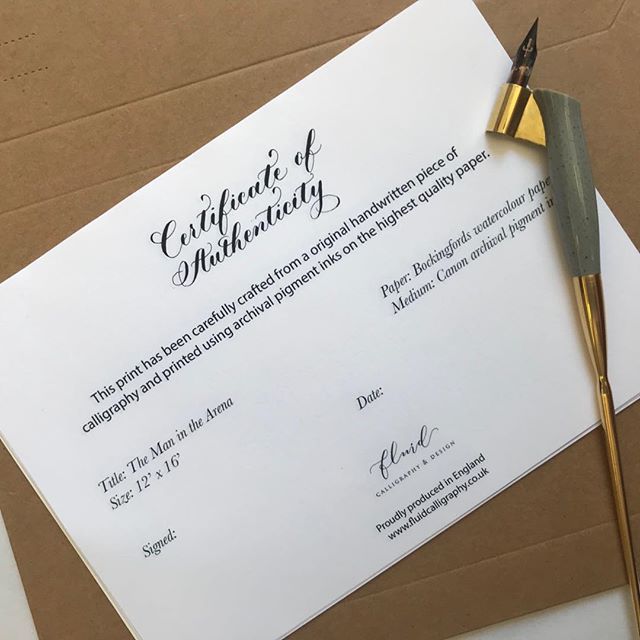 Just finished updating the design of the little certificate that go with each of my calligraphy prints.

#calligraphy #artprints #certificateofauthenticity #calligraphyprint #maninthearena