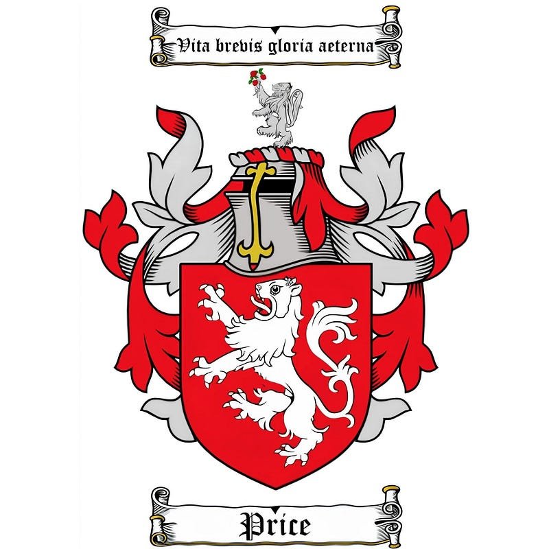 Coat of arms associated with the Price surname and the motto Vita brevis, gloria aeterna.