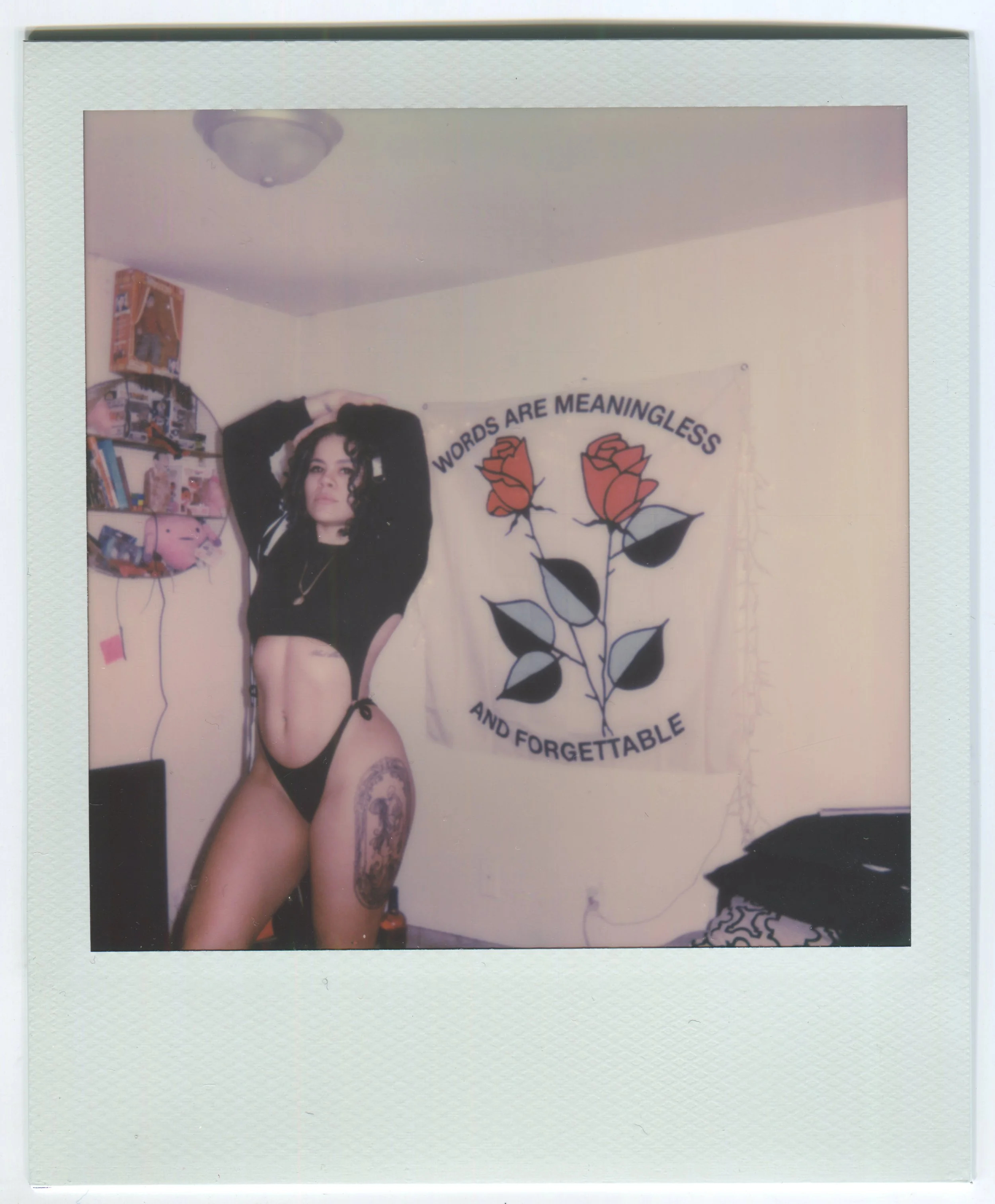 A woman with dark curly hair posing in a room, wearing black lingerie, standing in front of a wall with a large banner displaying two red roses and the text "Words are meaningless and forgettable." There is a bookshelf with various items on the left 