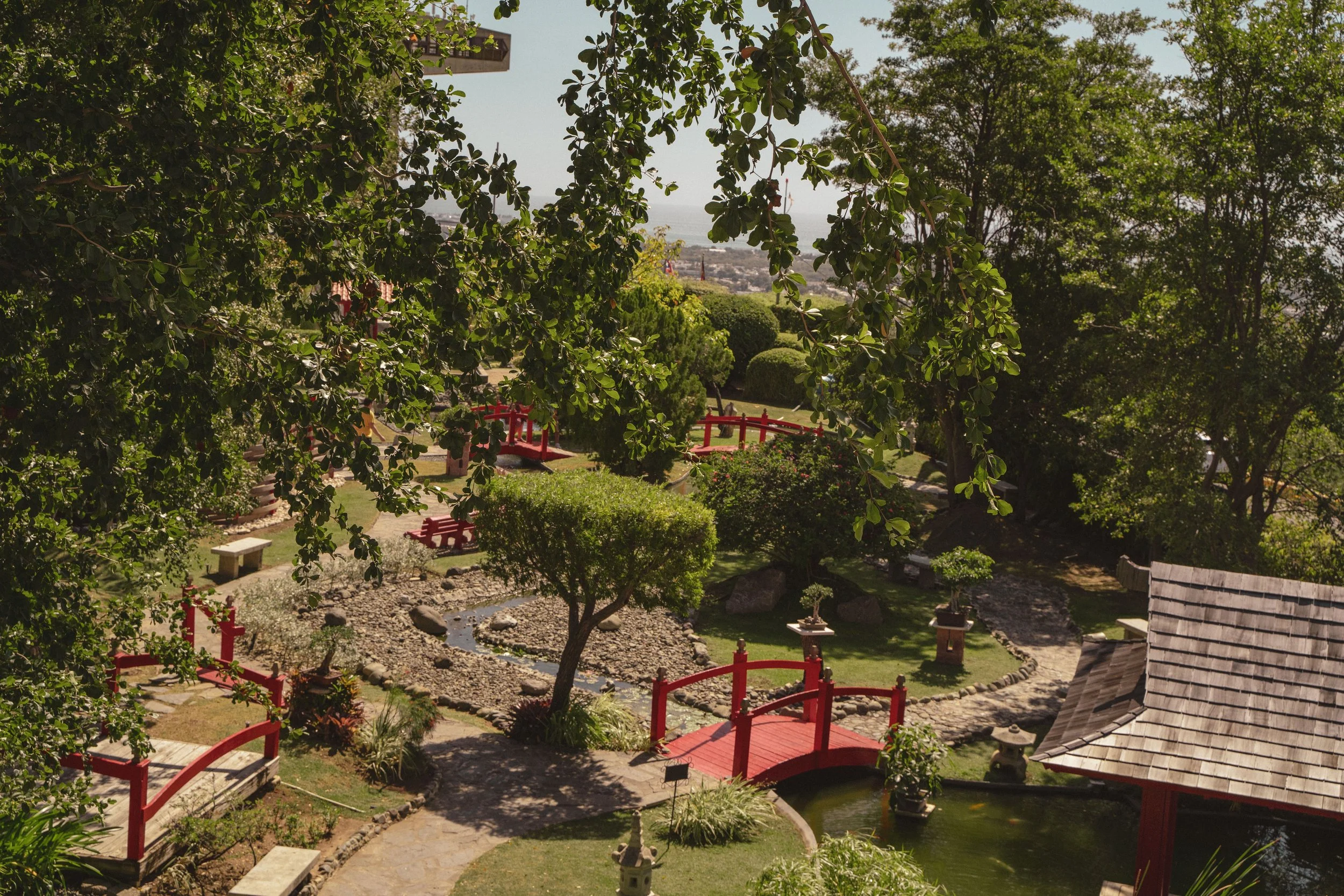 A peaceful Japanese garden featuring red arched bridges, a small pond, lush greenery, trees, and traditional garden ornaments, viewed from above.