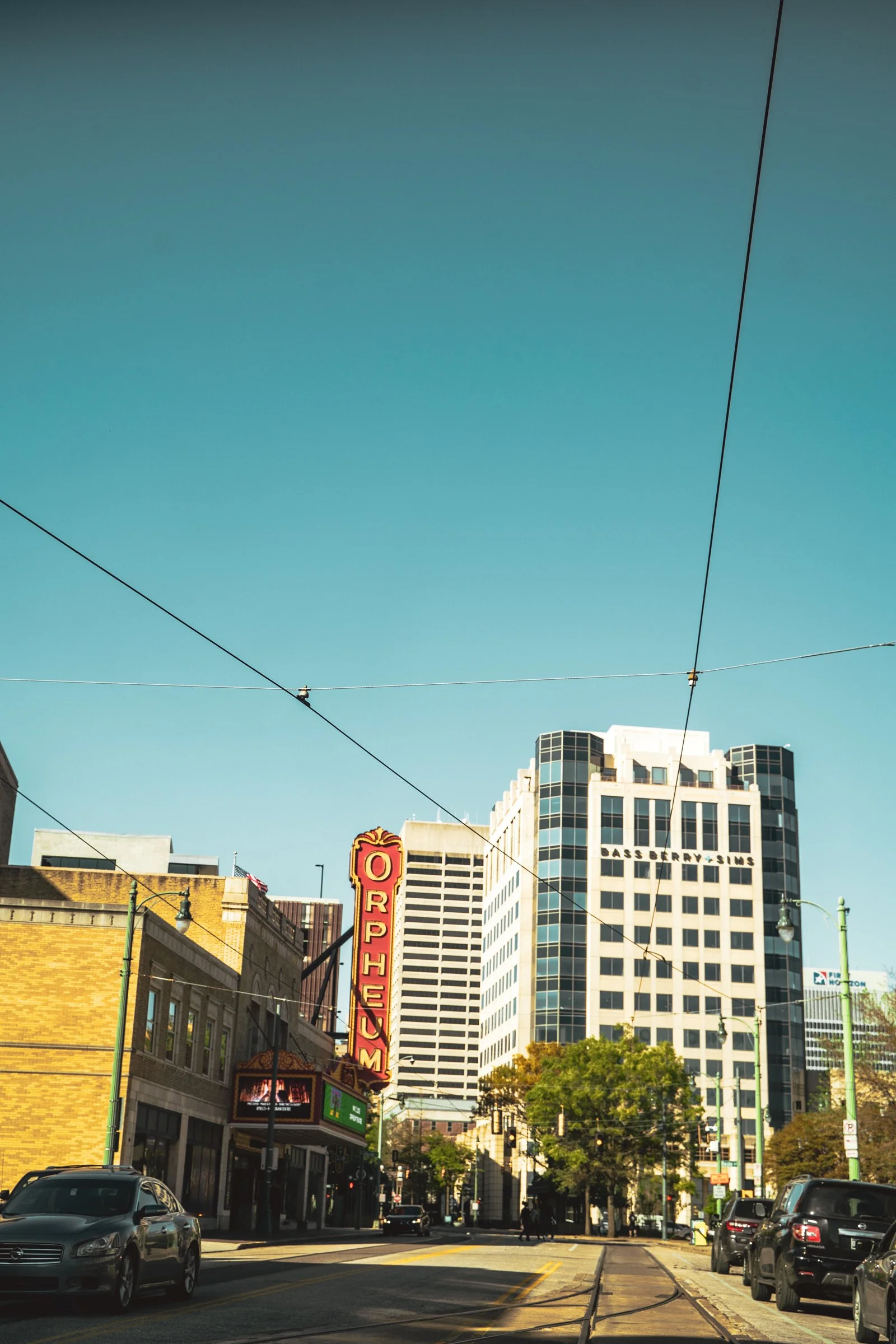 A city street scene with the Orpheum Theater sign, tall modern buildings, trees, and parked cars under a clear blue sky.