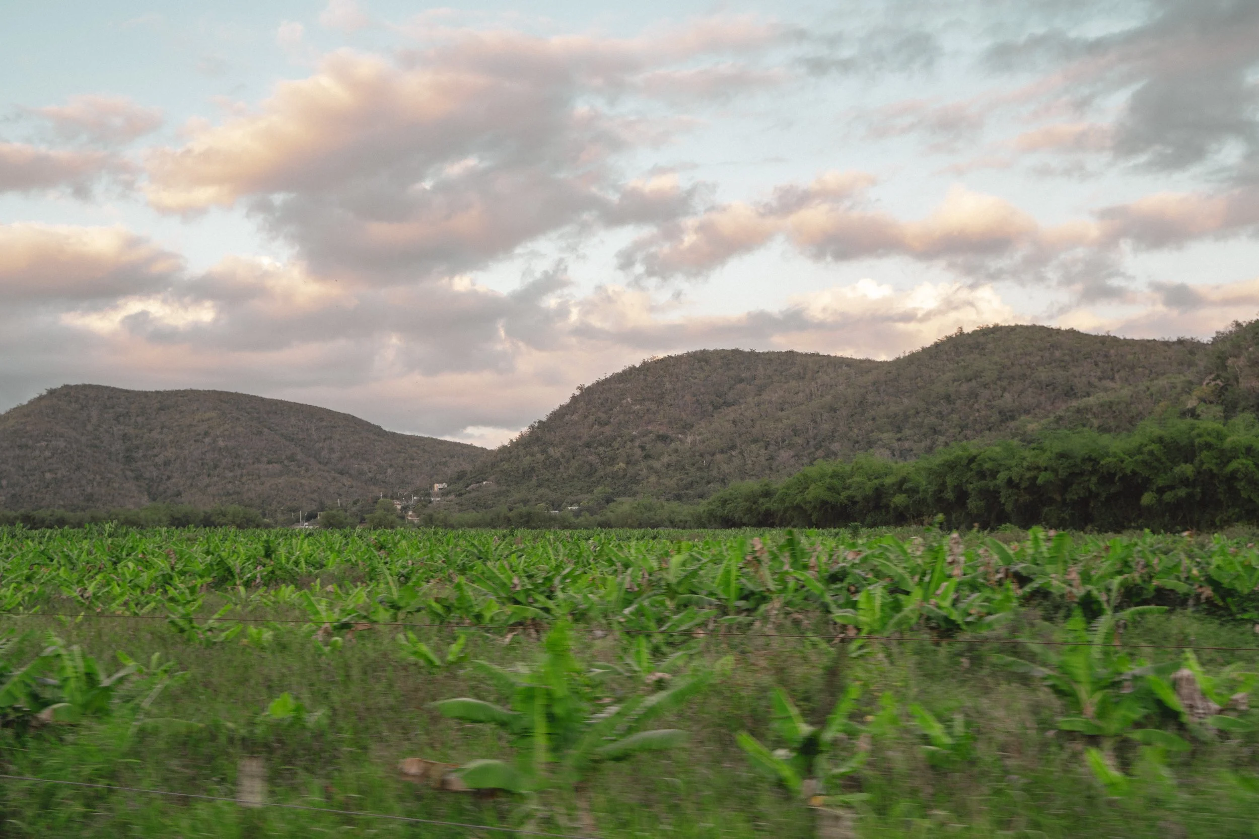 A rural landscape with green farmland, rolling hills, and a partly cloudy sky.