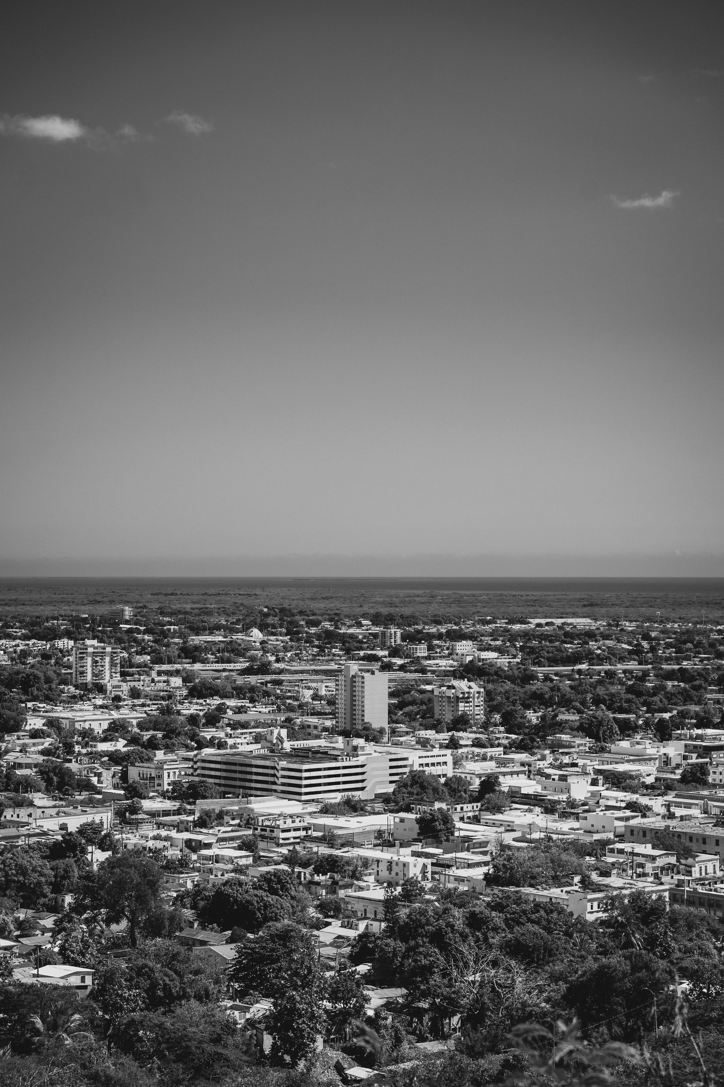 A black and white aerial view of a cityscape with various buildings and trees, and an open sky with a few clouds.