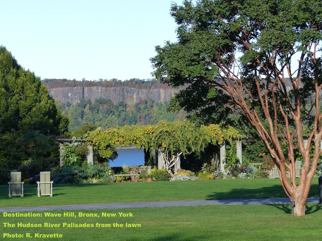 The great lawn at Wave Hill with the New Jersey palisades in the background. IMAGE: ©R. KRAVETTE