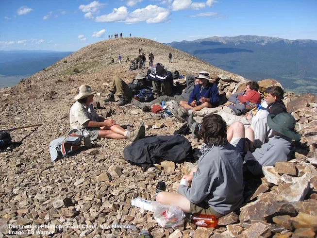 ON BALDY MOUNTAIN FOR A GEOLOGY LESSON WITH A GROUP OF BOY SCOUTS.. PHILMONT SCOUT RANCH, CIMARRON, NEW MEXICO. IMAGE: ED WARNER.