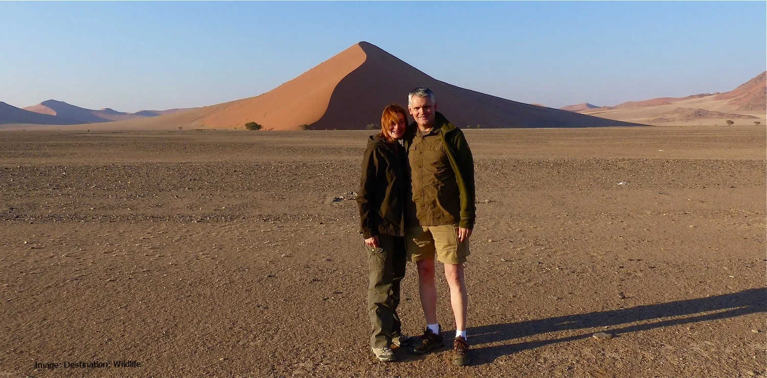 At the entrance to Sossusvlei, Les & I enjoying the desert's early morning chill. Image: ©Destination: WIldlife