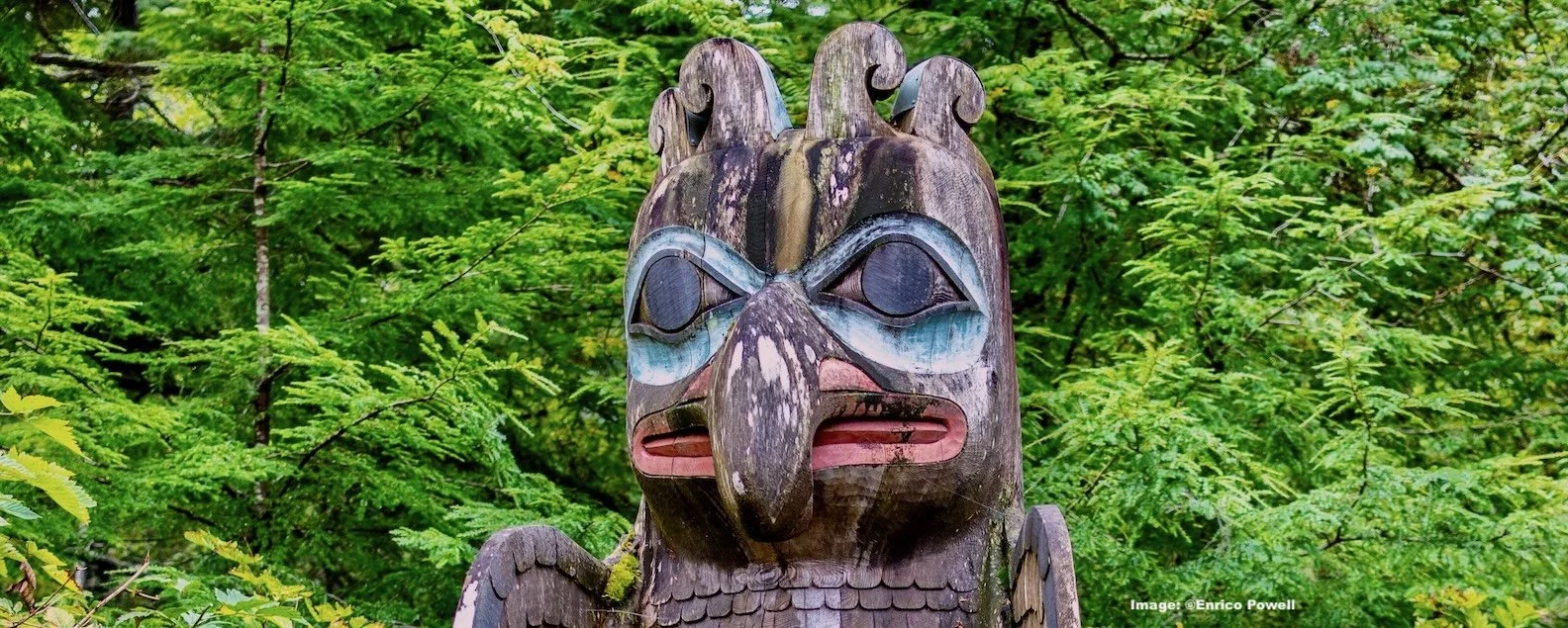 Close-up of Thunderbird carving on a totem in Alaska