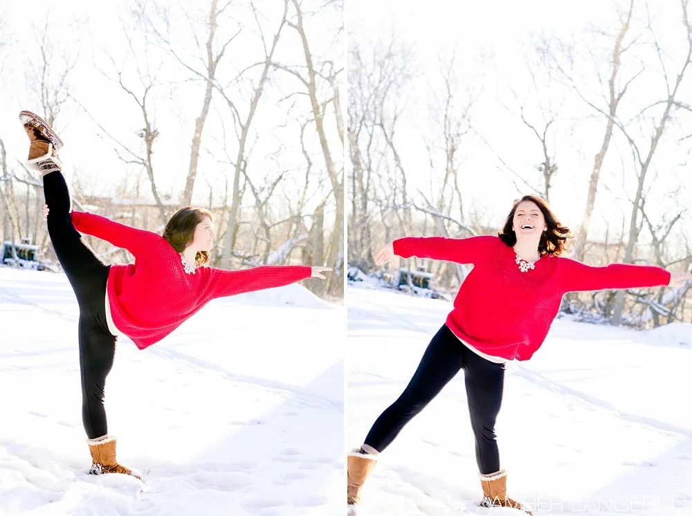 Audubon, MN Outdoor Winter Portraits | Red Sweater & Snow & Dance