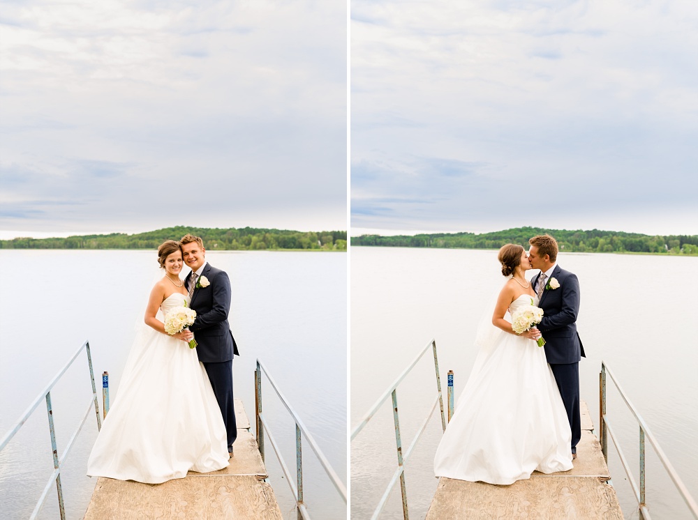 Wolf Lake, MN Country Styled Wedding, White Dress, Blue Suite | Photographed by Amber Langerud Photography | Bride &amp; Groom Standing on a Dock