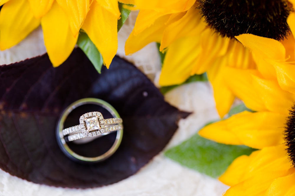 Detroit Lakes, MN Country Styled Wedding at Trinity Lutheran Church &amp; Holmes Ballroom Photographed by Amber Langerud Photography | Rings styled with sunflowers