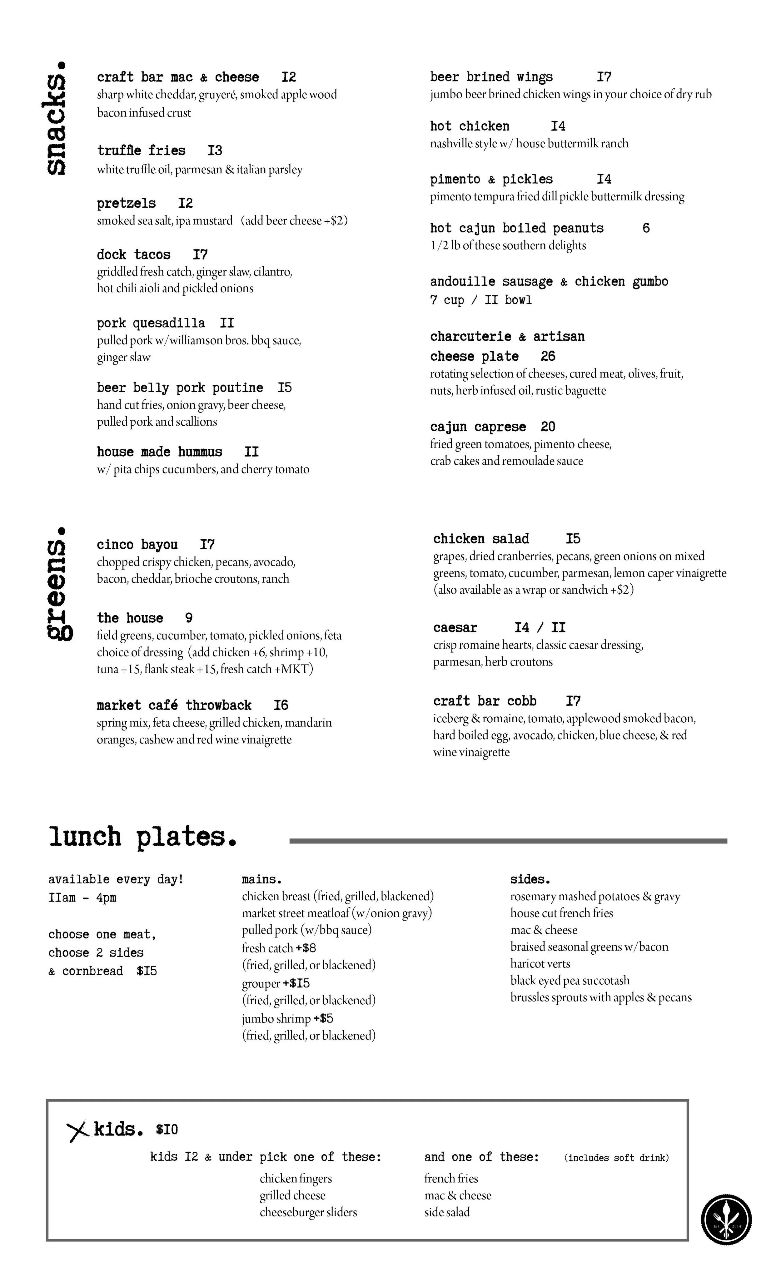 The Craft Bar Niceville Highway 20 Food Menu including snacks, sharables, kids, salads - local, fresh, favorite