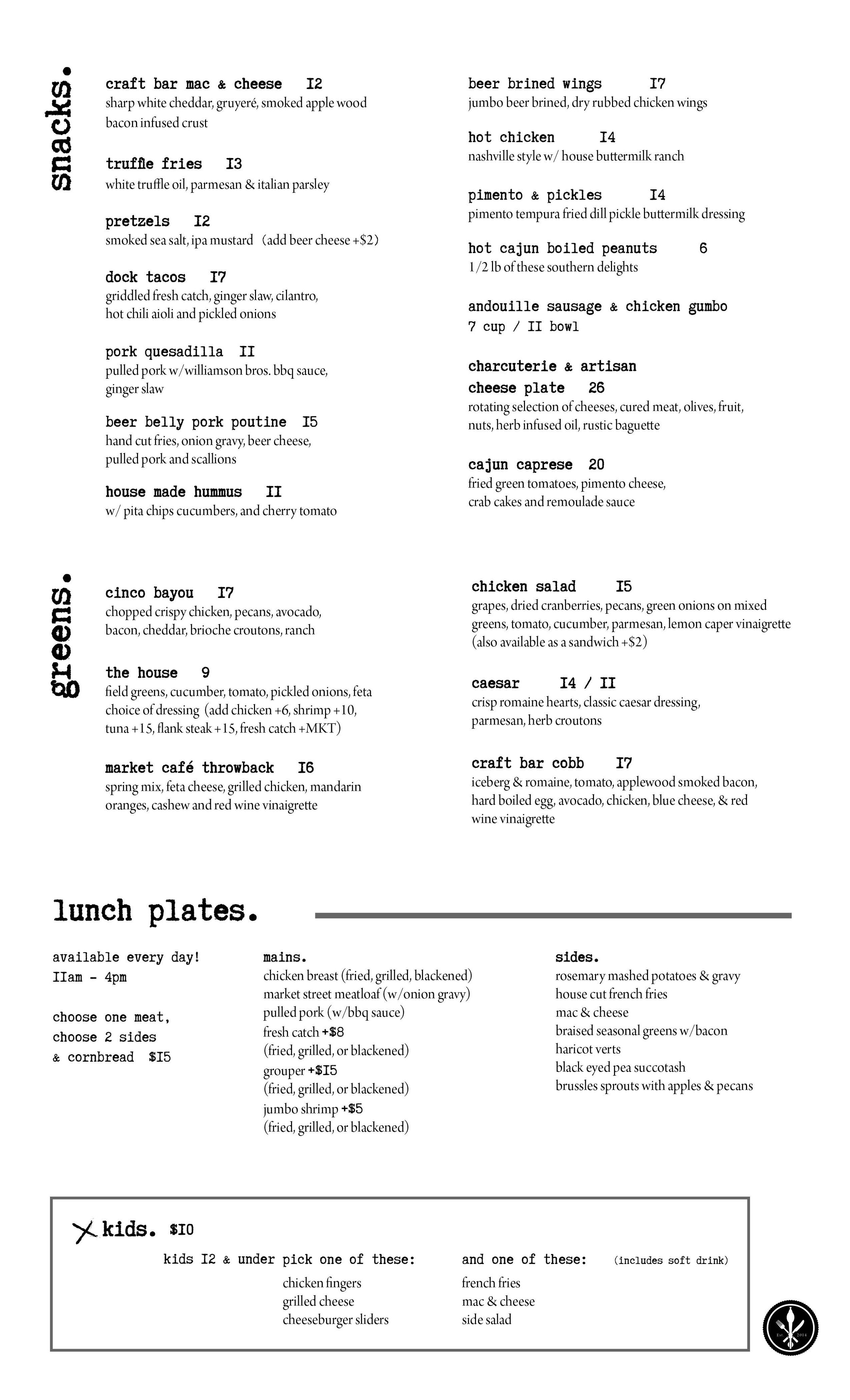 The Craft Bar Niceville Highway 20 Food Menu including snacks, sharables, kids, salads - local, fresh, favorite