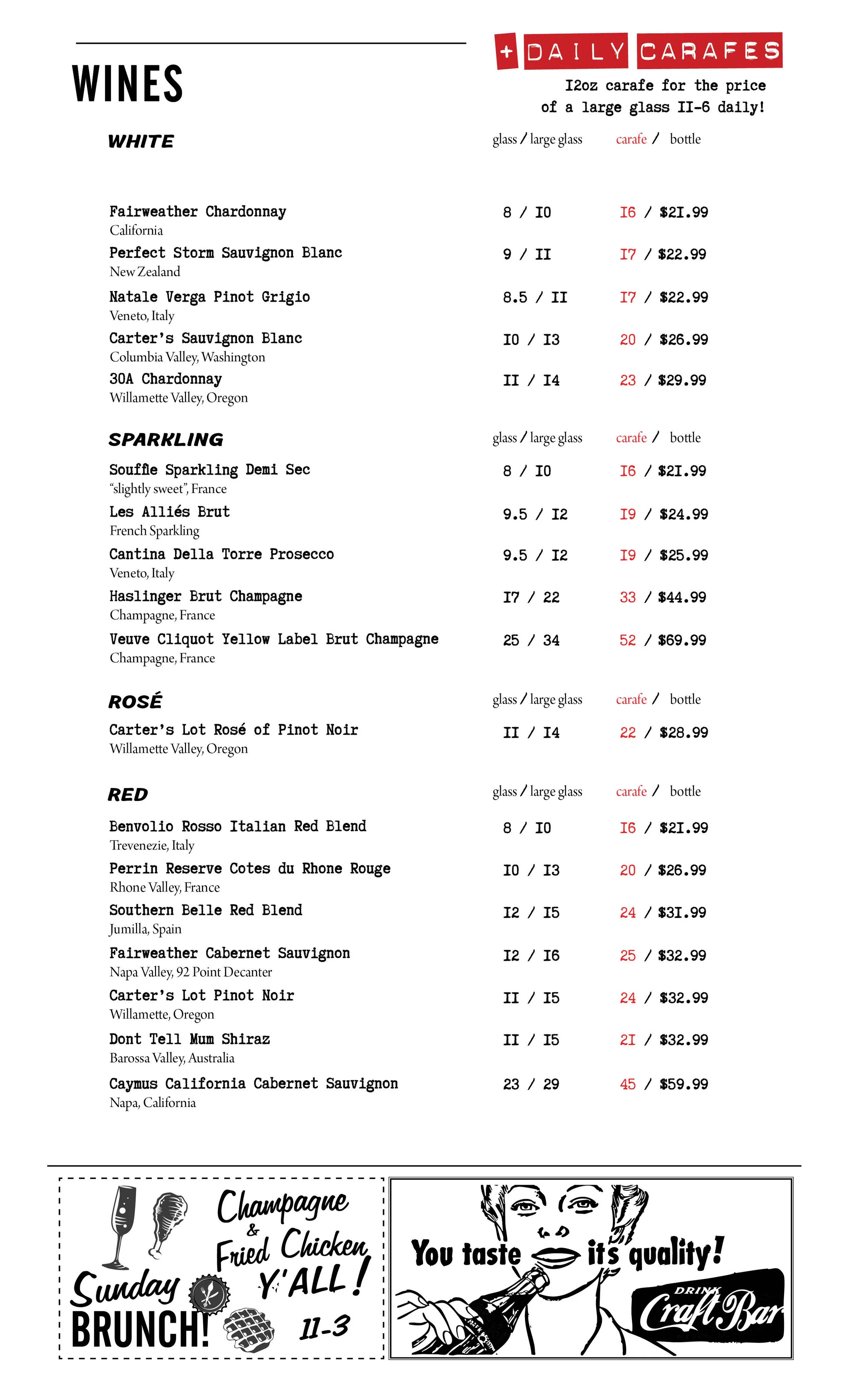 The Craft Bar wine list - not just cocktails! Lift your spirits with an ever changing wine list