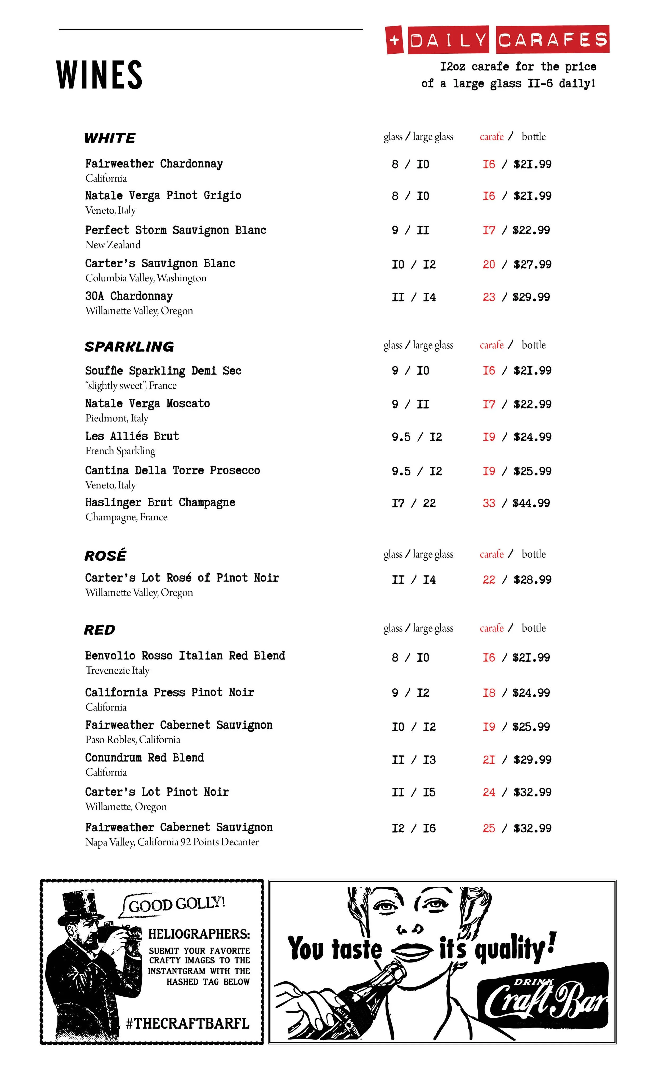 The Craft Bar wine list - not just cocktails! Lift your spirits with an ever changing wine list