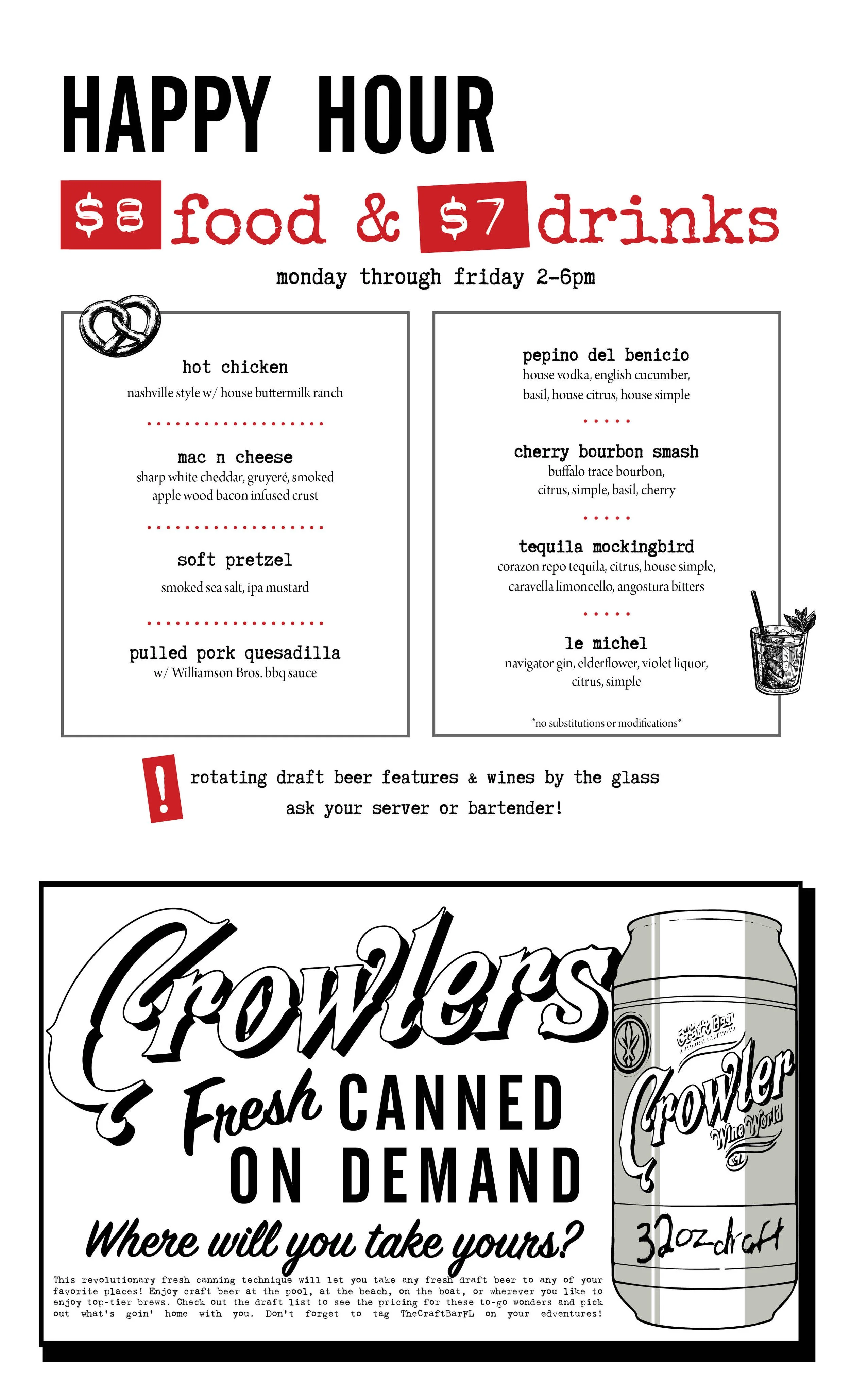 Happy Hour Menu - Drinks and Food Monday Through Friday 2-6pm