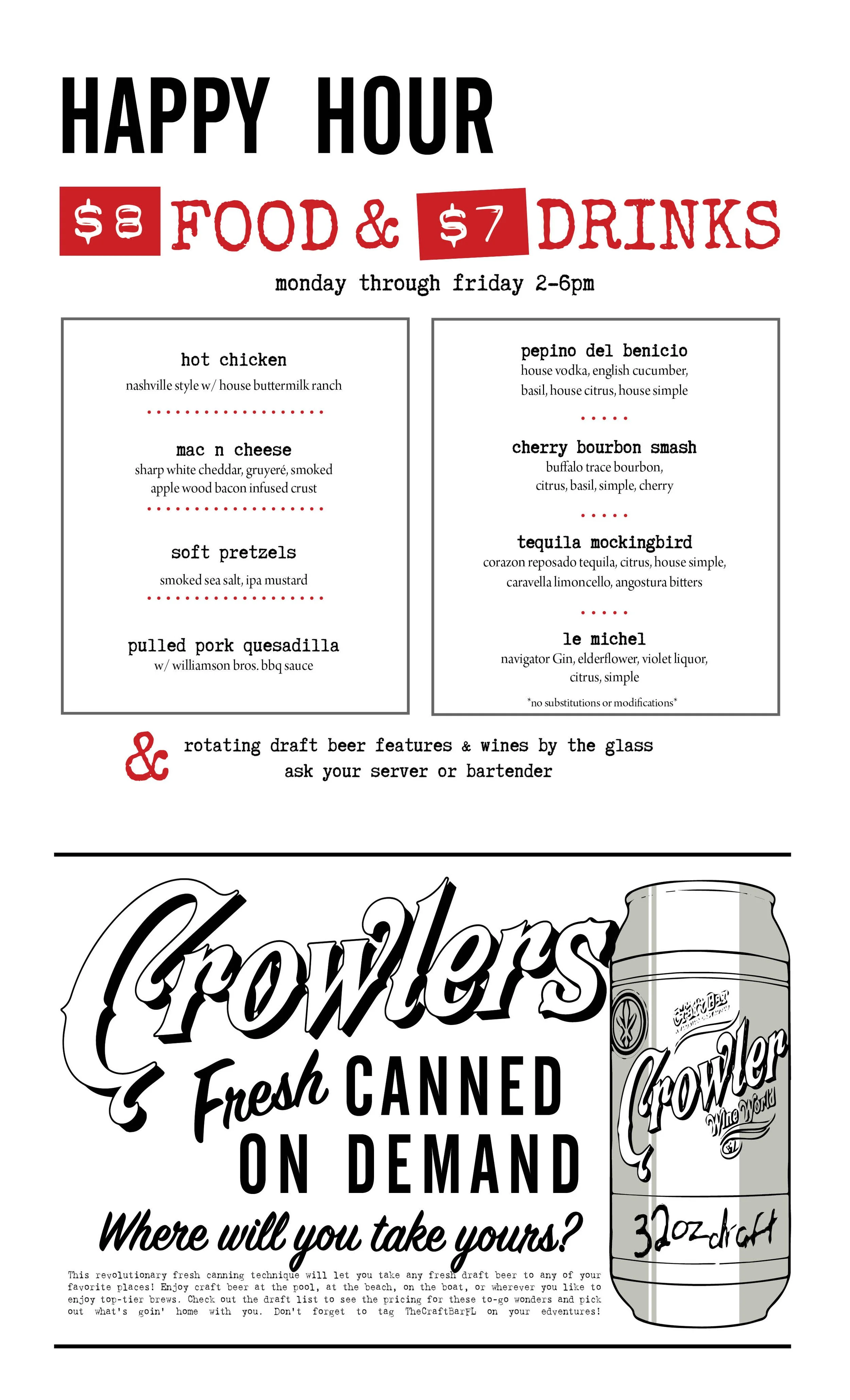 Happy Hour Menu - Drinks and Food Monday Through Friday 2-6pm