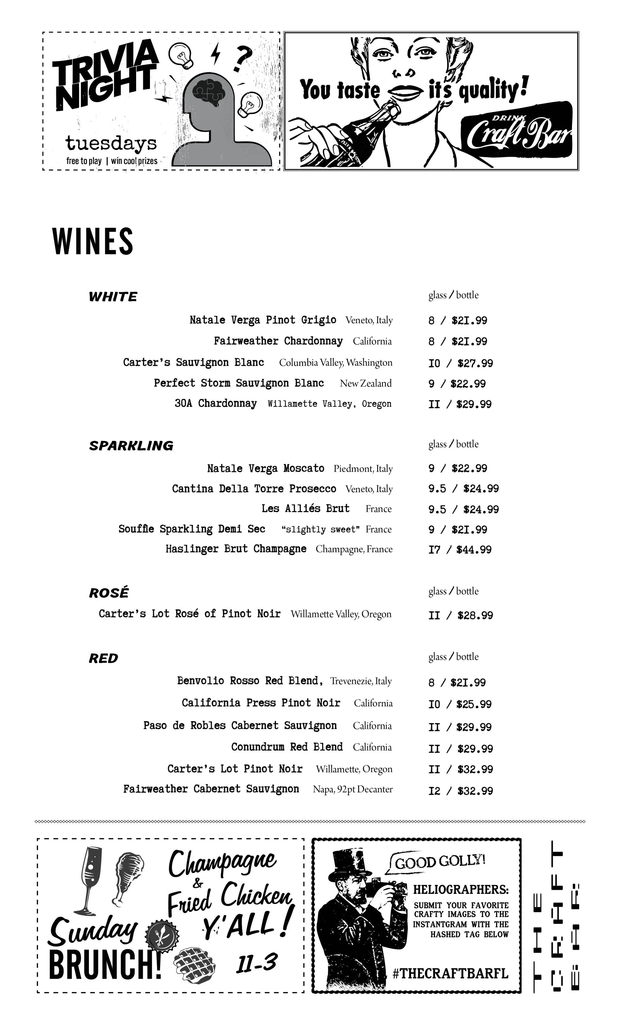 The Craft Bar wine list - not just cocktails! Lift your spirits with an ever changing wine list