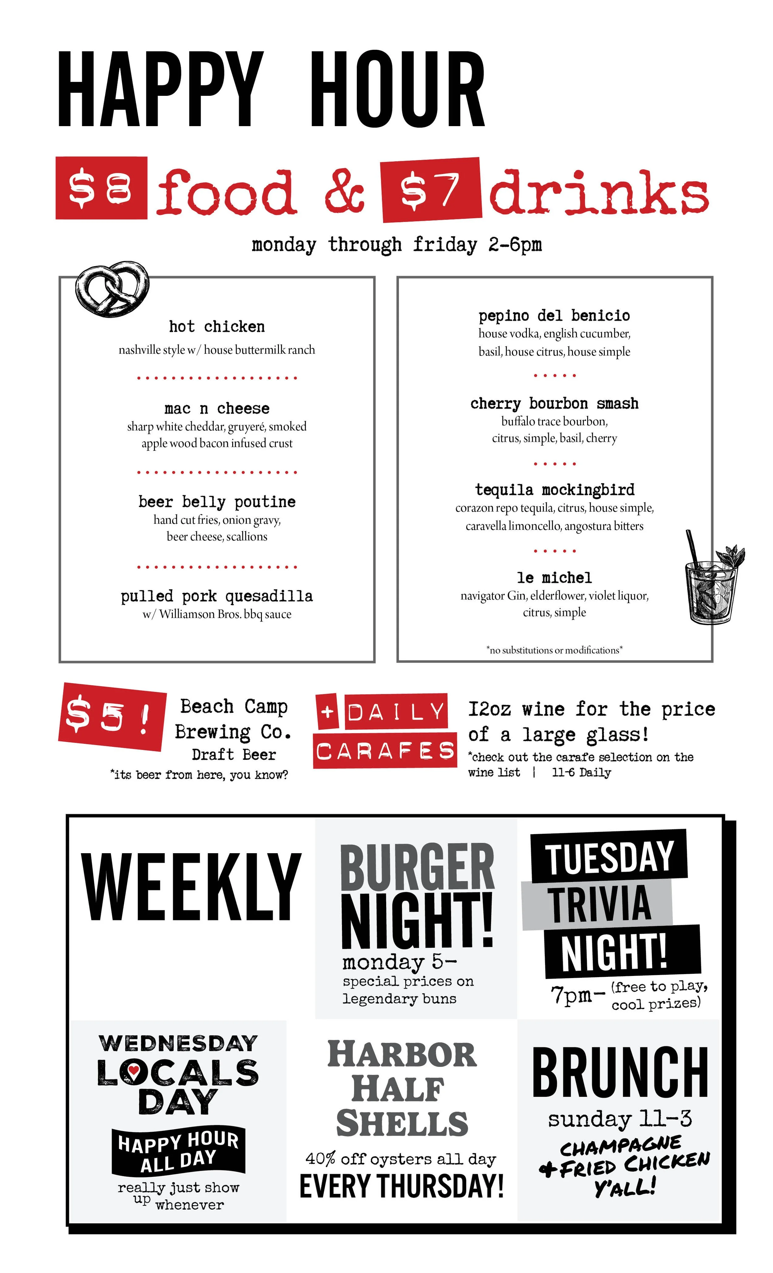 Happy Hour Menu - Drinks and Food Monday Through Friday 2-6pm