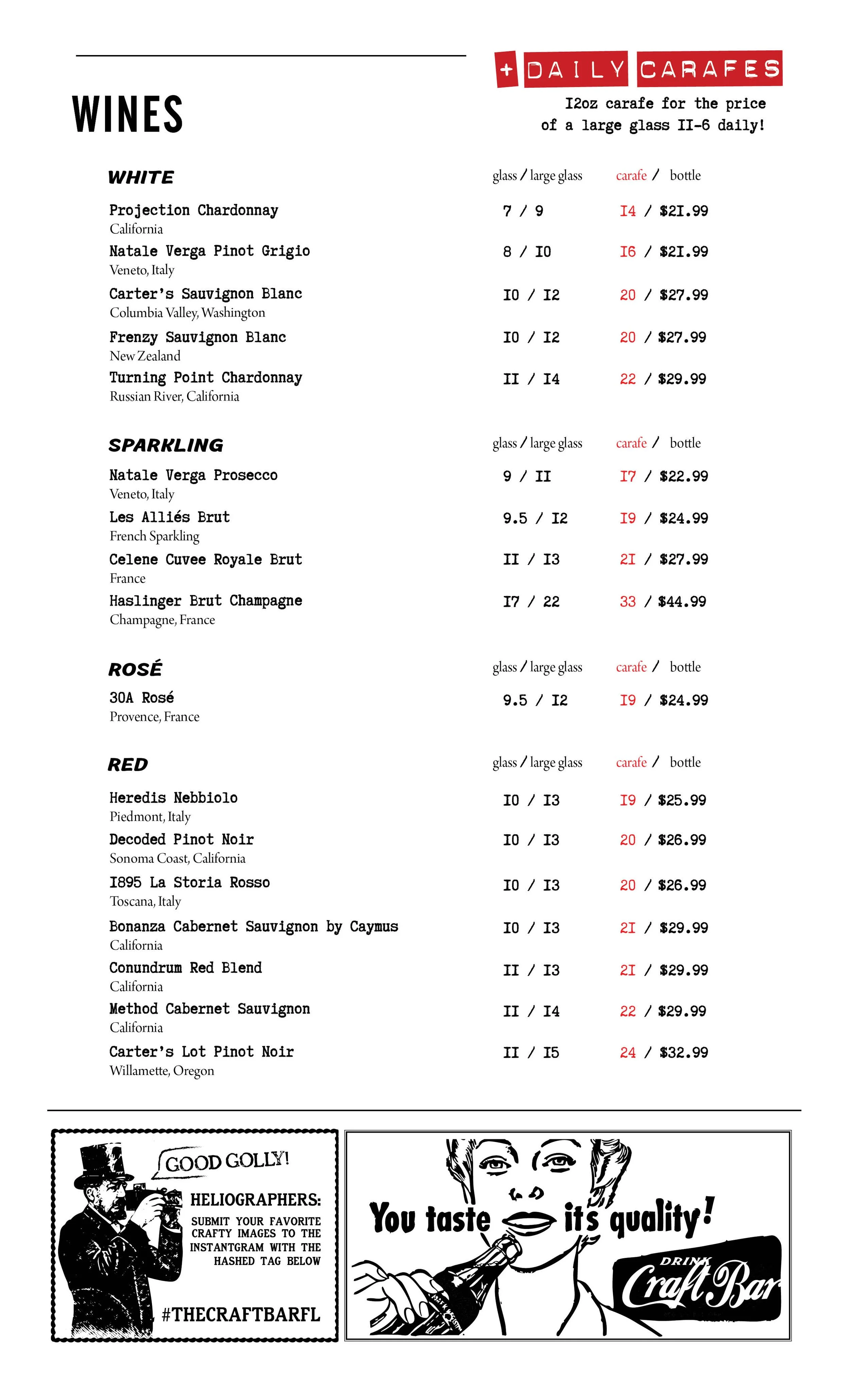 The Craft Bar wine list - not just cocktails! Lift your spirits with an ever changing wine list