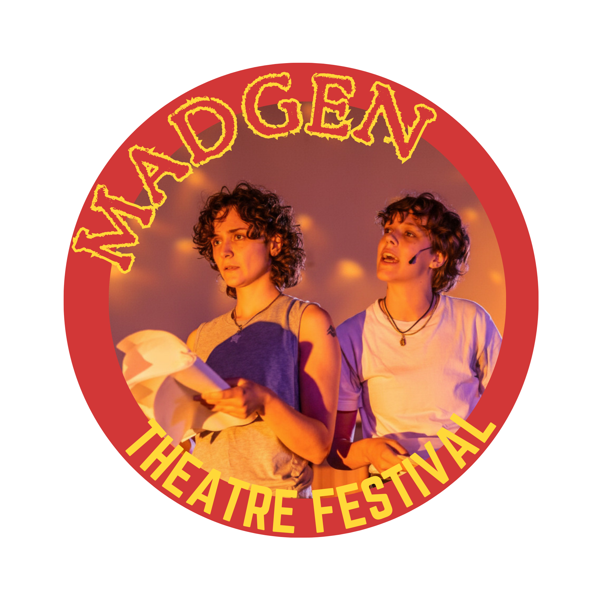 Two actors perform on stage, one holds a script facing forward, the other stands behind their shoulder offering advice