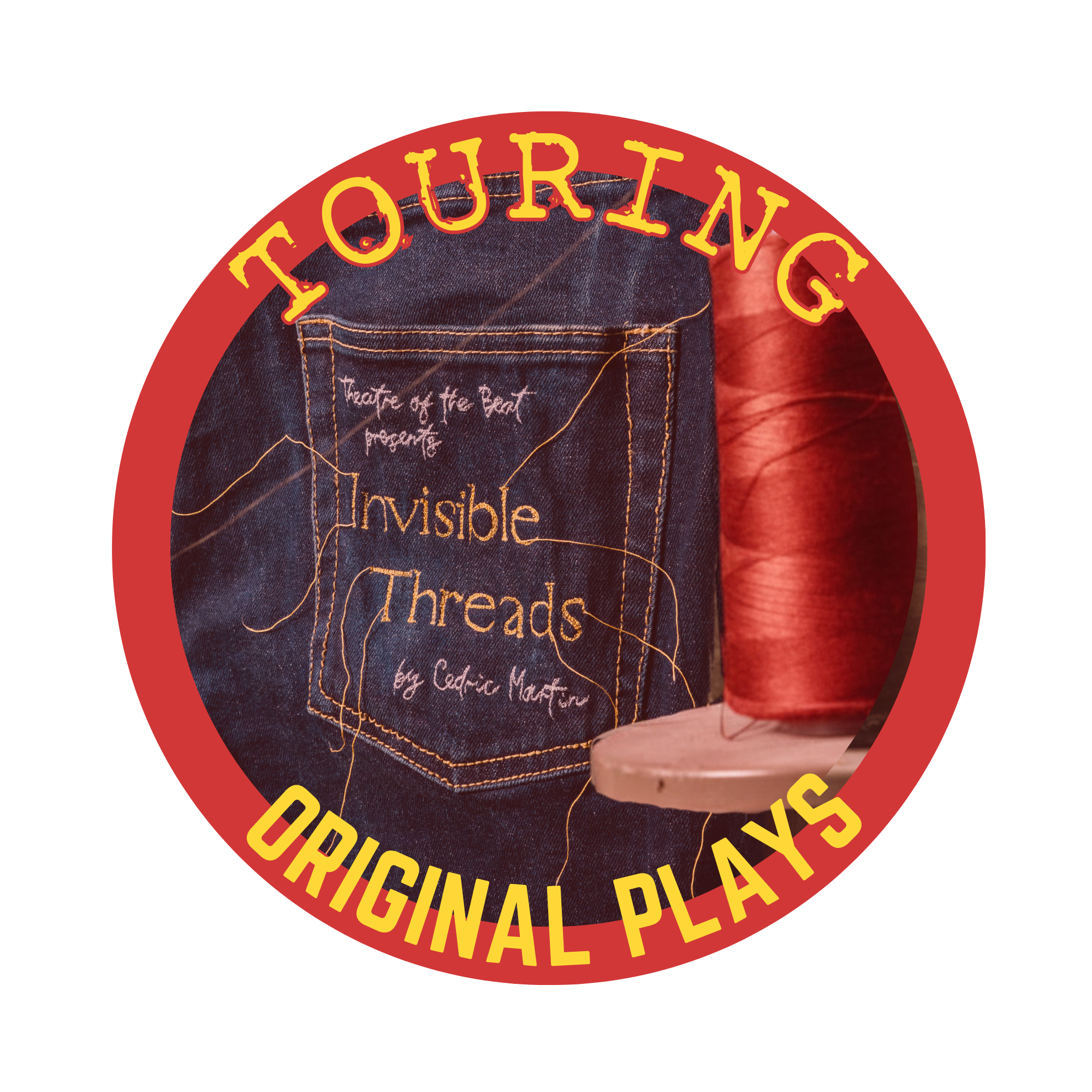 We see a pair of jeans with the show title Invisible Threads stitched into them, in the foreground is a spool of red thread