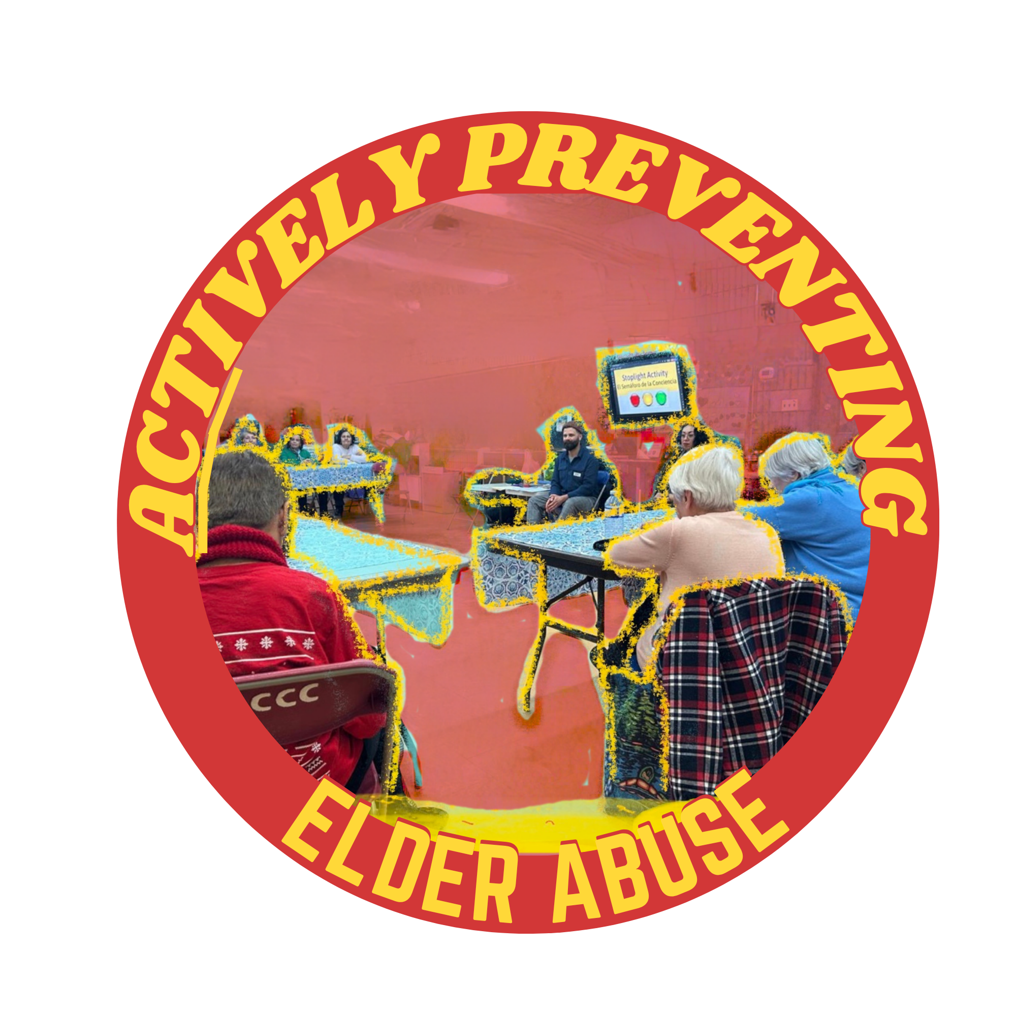 Actively Preventing Elder Abuse - depicting a classroom setting with seniors sitting at desks and a facilitator with a screen